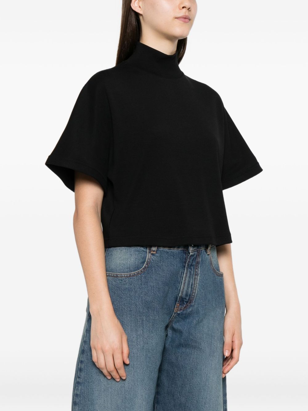 ALAIA Mock Neck Cotton T-Shirt with Button Front for Women