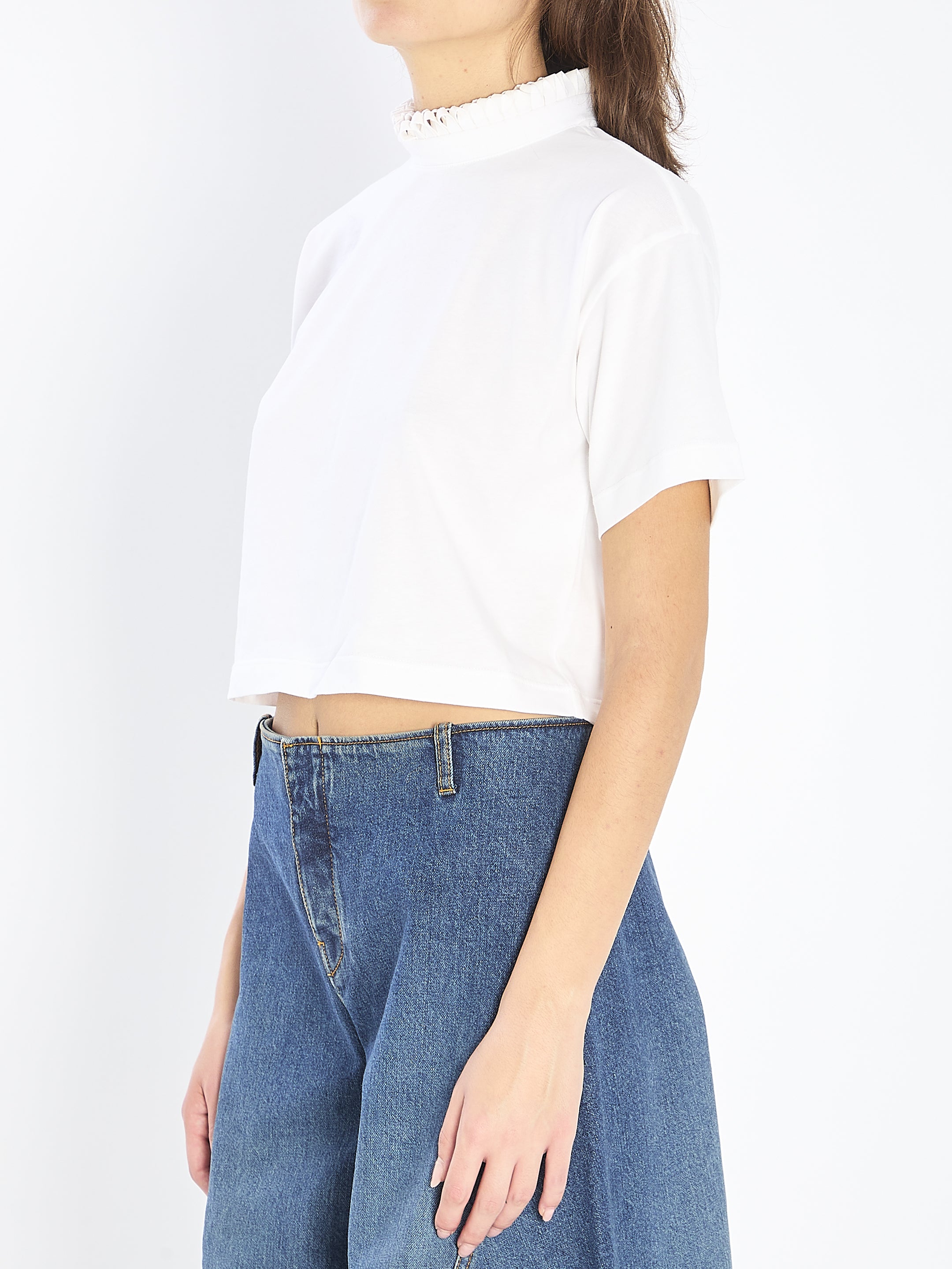 ALAIA High Neck Cropped T-Shirt with Pleated Detail - Regular Fit