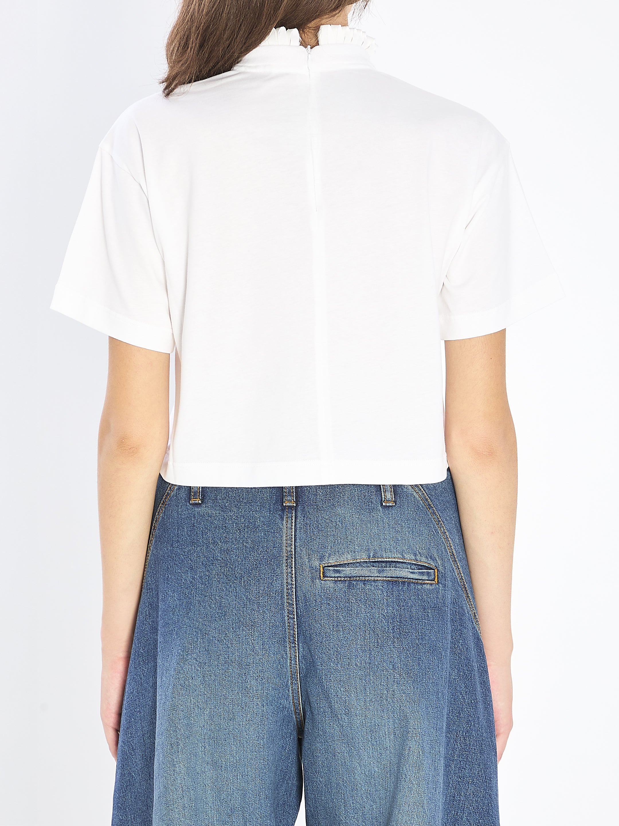 ALAIA High Neck Cropped T-Shirt with Pleated Detail - Regular Fit