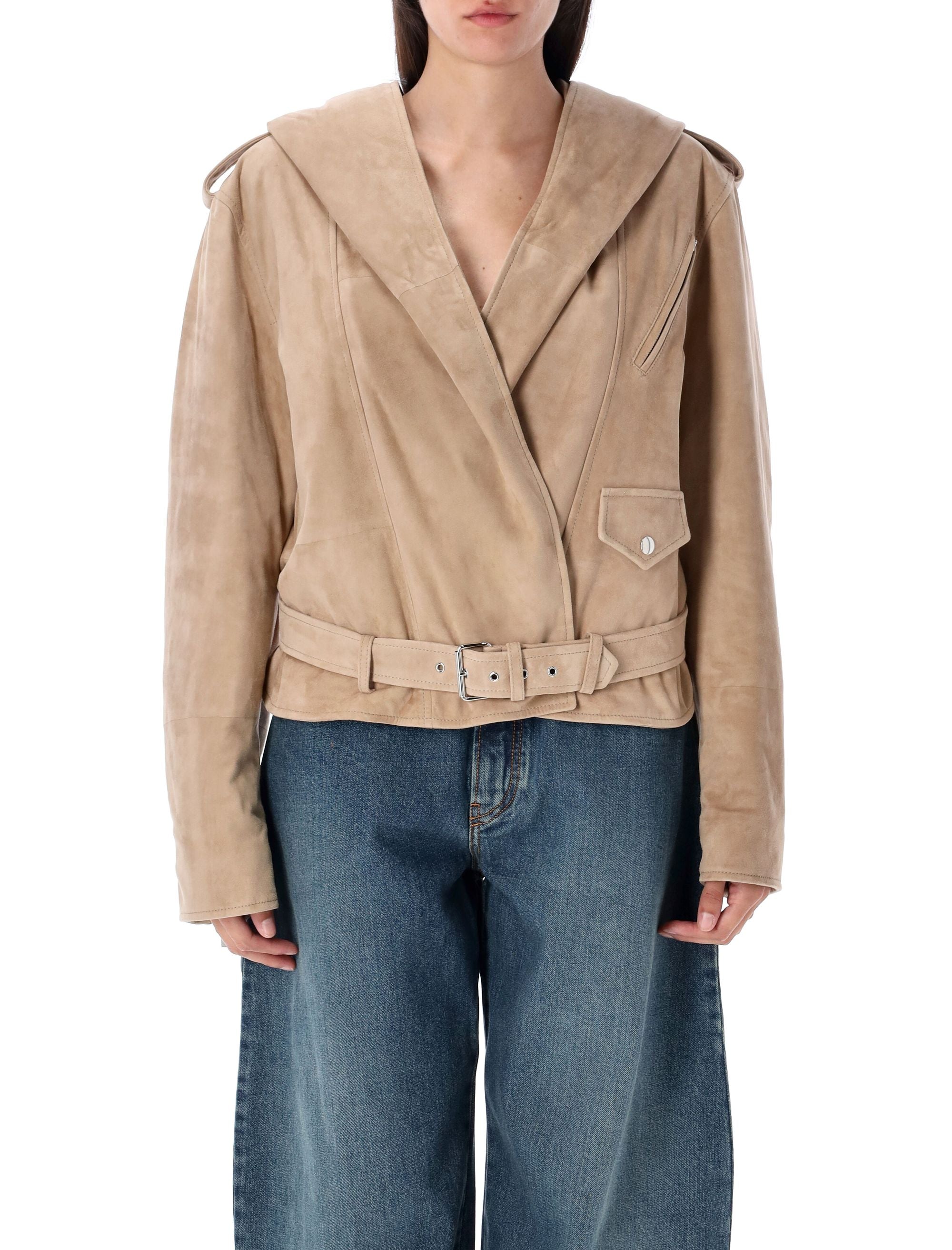 ALAIA Suede Hooded Biker Jacket - Relaxed Fit, Size 38
