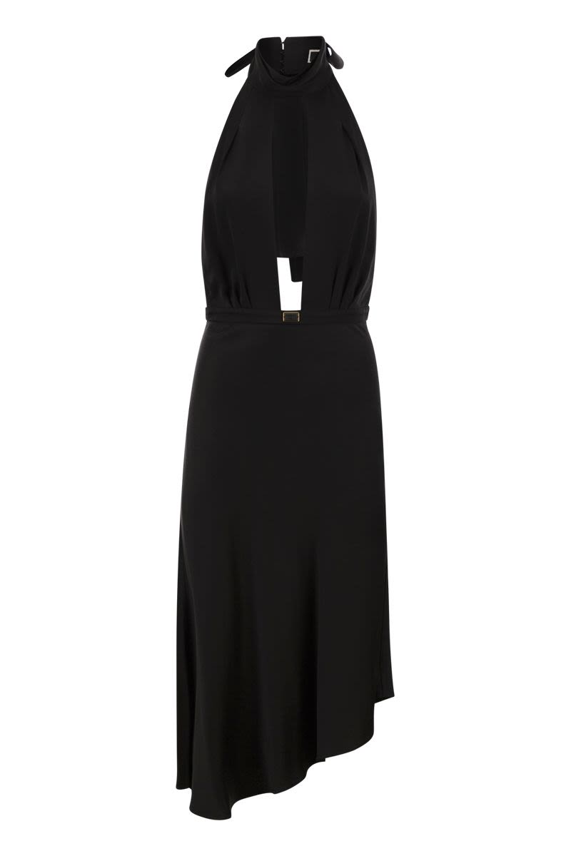 ELISABETTA FRANCHI Satin Midi Dress with Asymmetric Skirt
