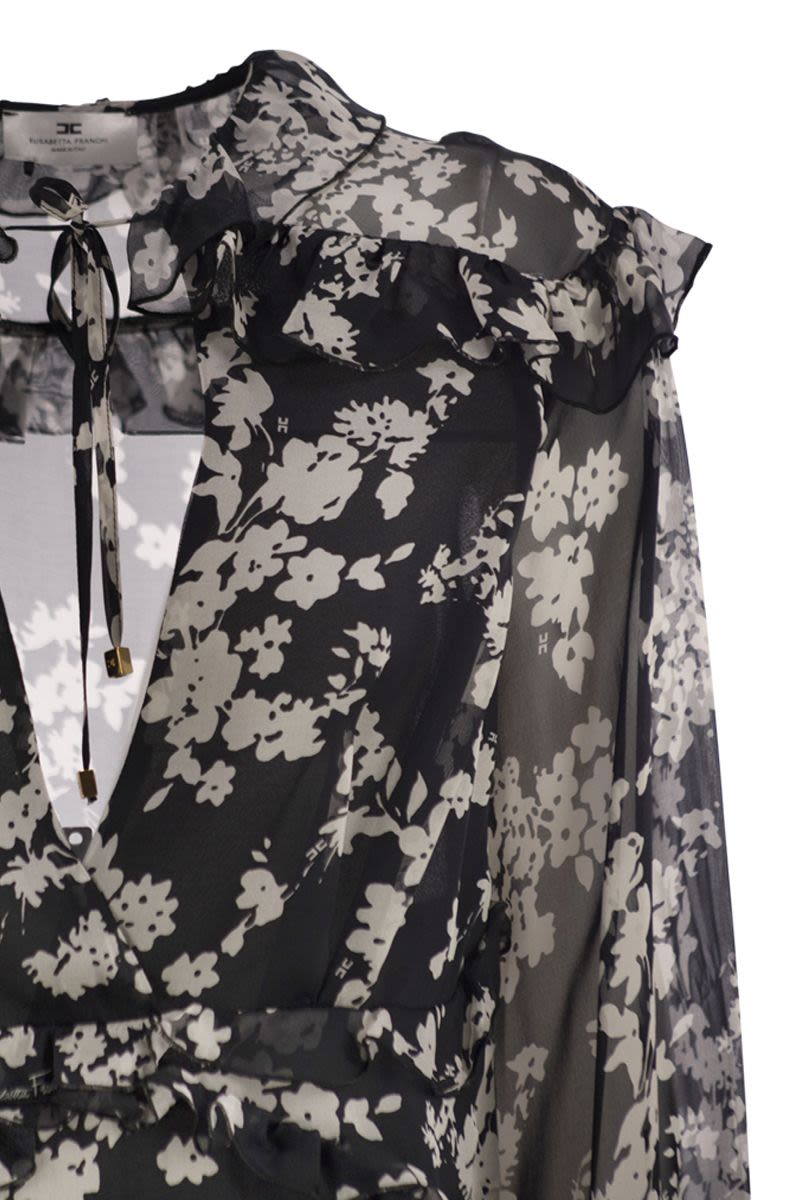 ELISABETTA FRANCHI Floral Printed Silk Maxi Dress with Ruffles