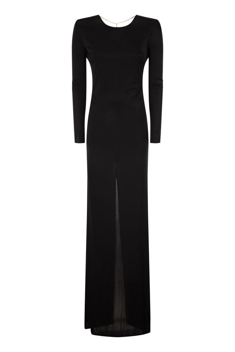 ELISABETTA FRANCHI Red Carpet Mini Dress with Back Drape and Chain Detail