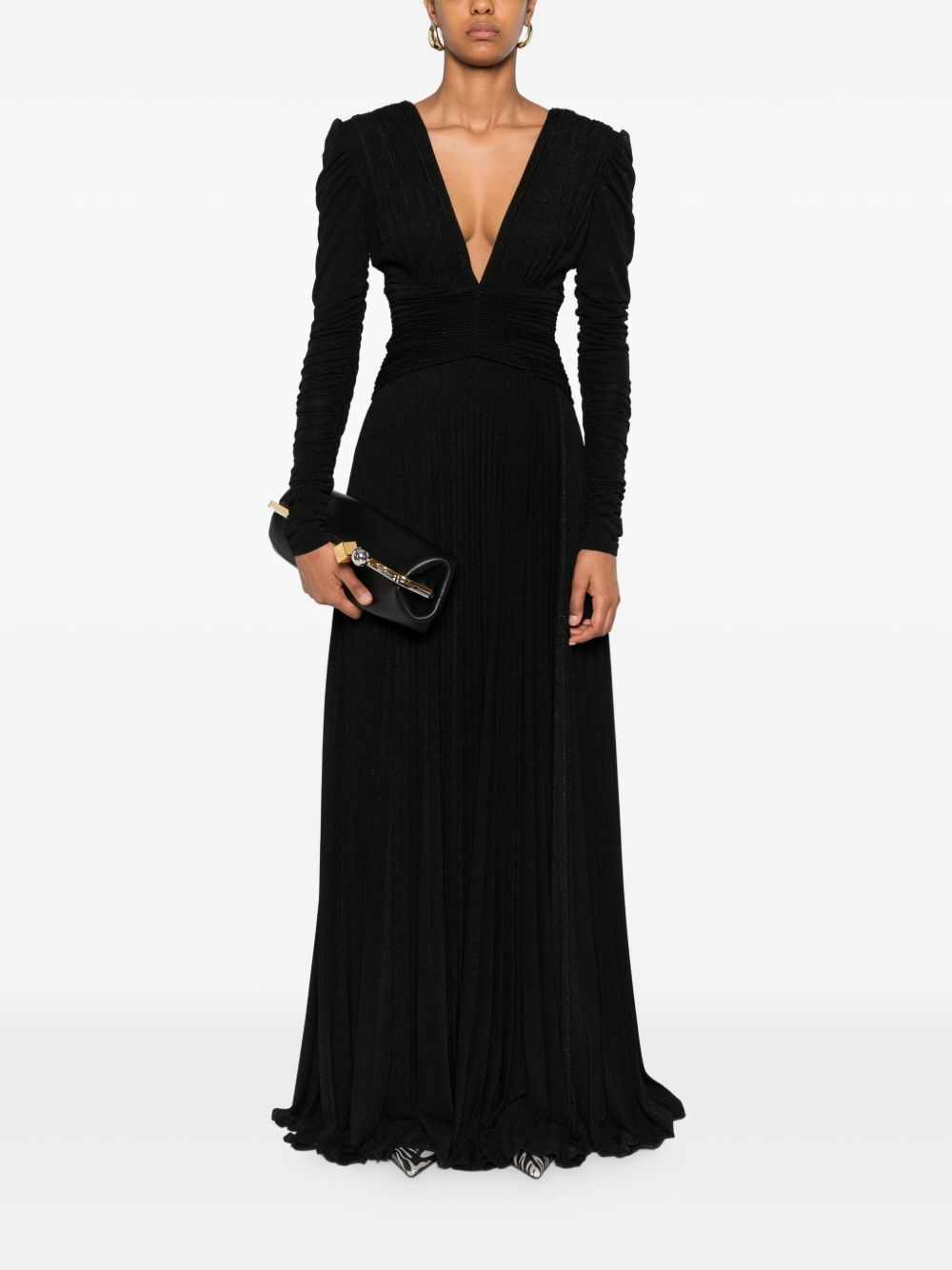 ELISABETTA FRANCHI V-Necked Long Dress with Pleated Skirt and Chain Embellishment