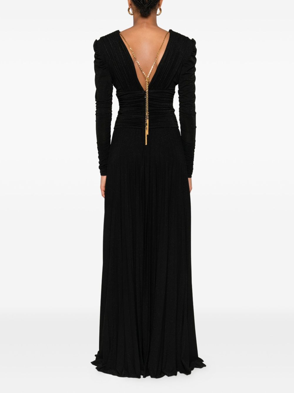 ELISABETTA FRANCHI V-Necked Long Dress with Pleated Skirt and Chain Embellishment