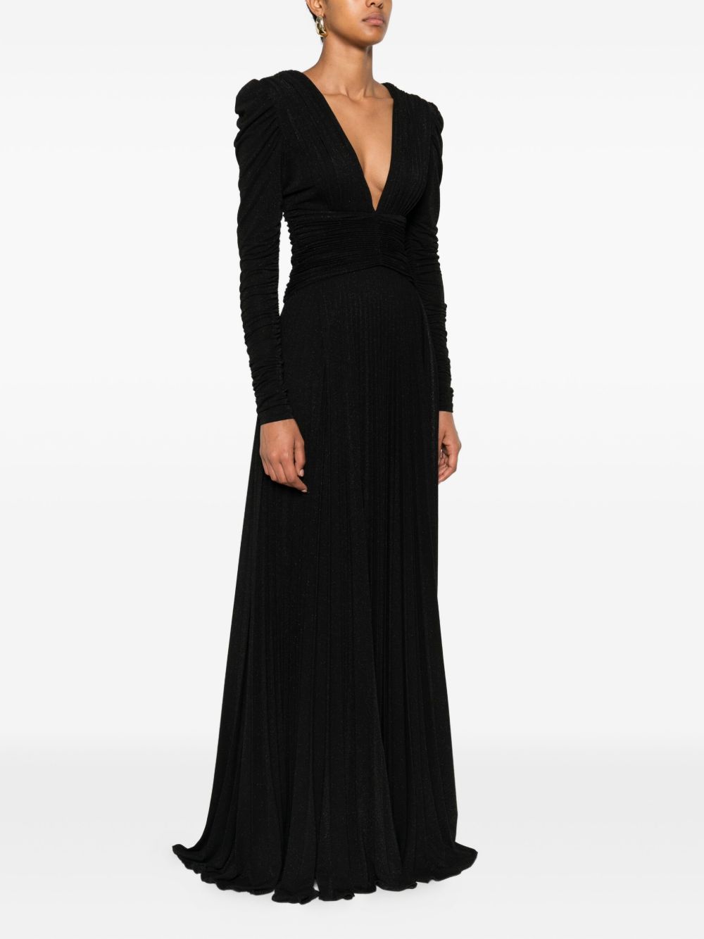 ELISABETTA FRANCHI V-Necked Long Dress with Pleated Skirt and Chain Embellishment