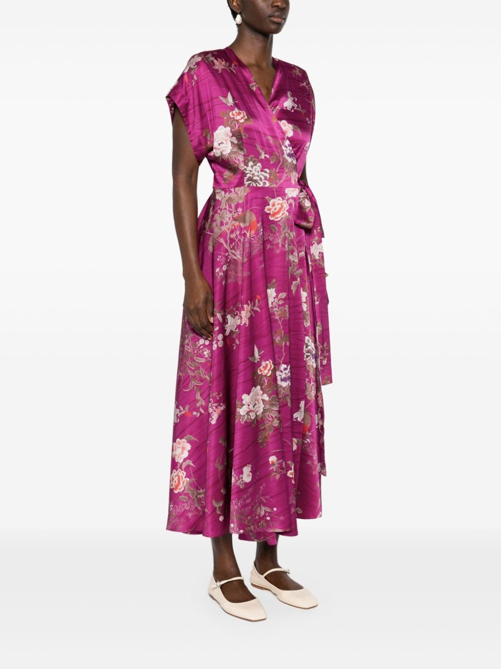 PIERRE LOUIS MASCIA Floral Print Silk Long Dress with V-Neck and Shoulder Pads