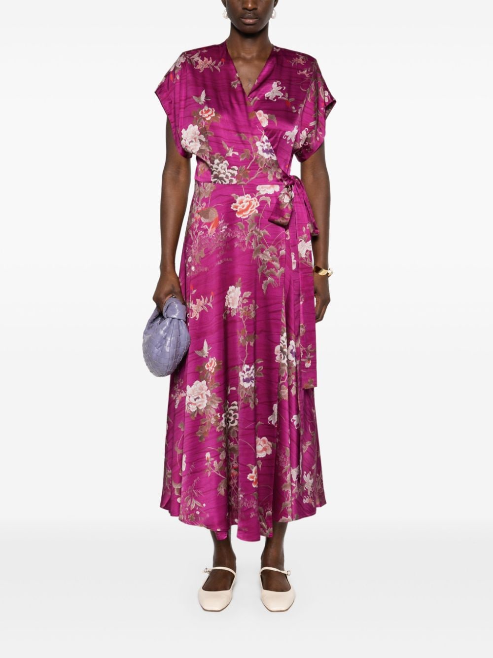 PIERRE LOUIS MASCIA Floral Print Silk Long Dress with V-Neck and Shoulder Pads