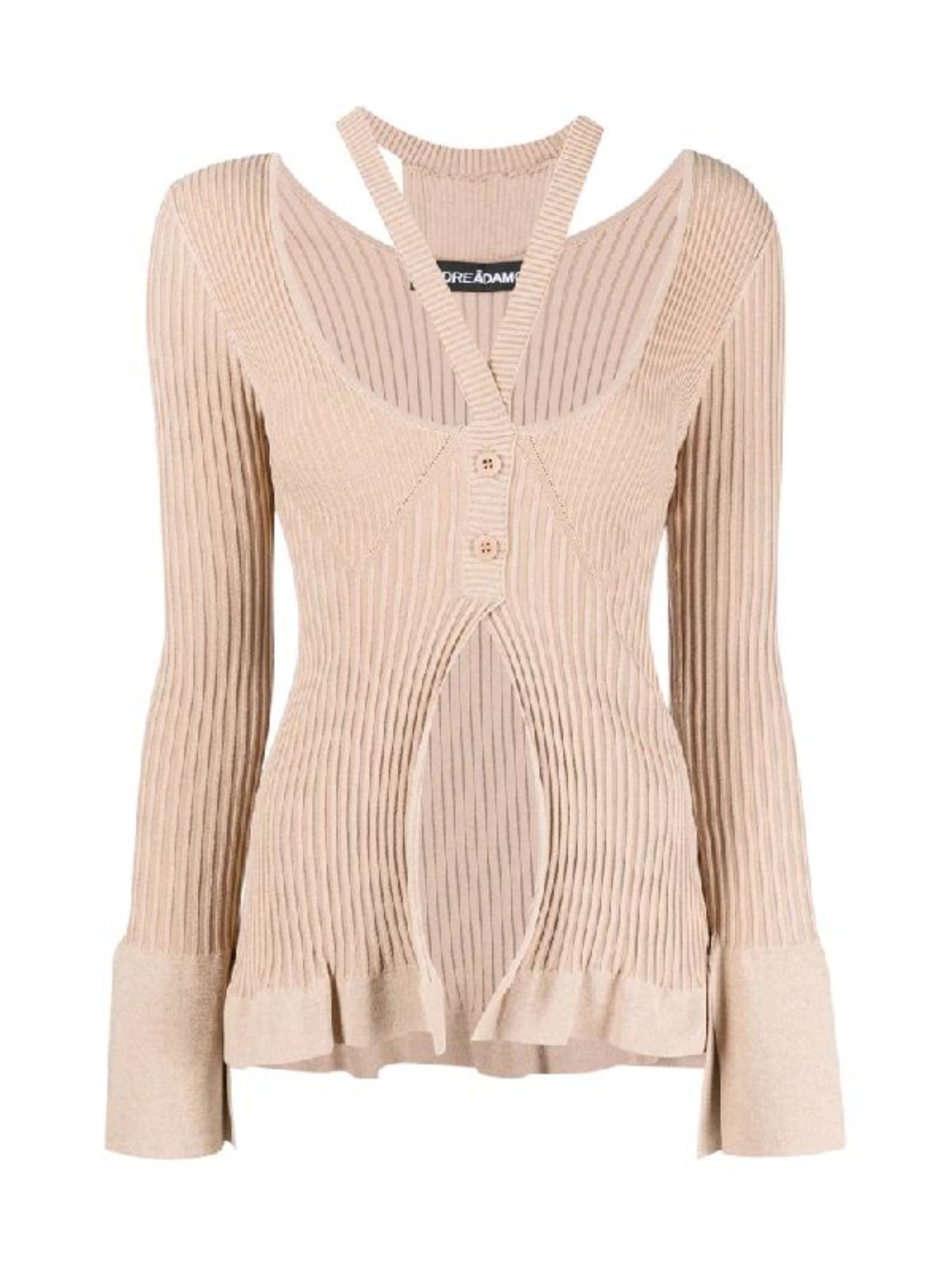ANDREADAMO Ribbed-Knit Cardigan with Double Layers for Women