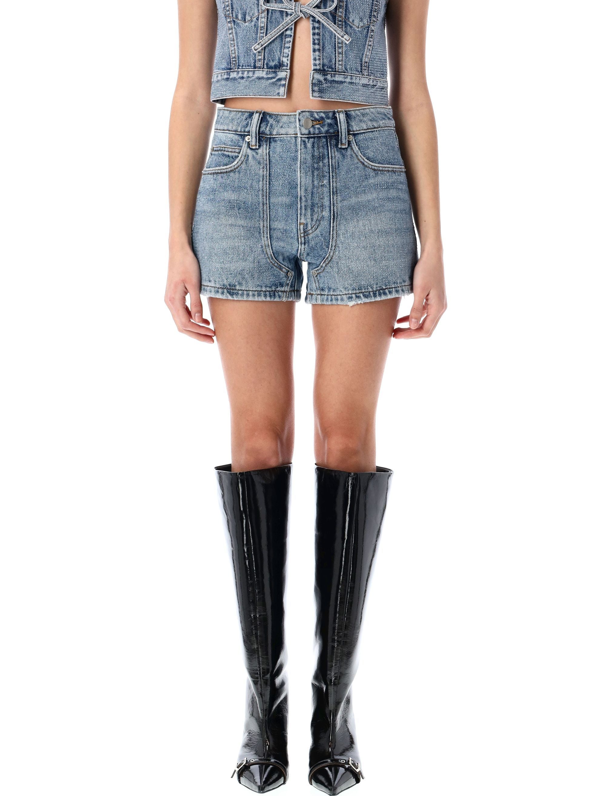 ALEXANDER WANG High-Waist Workwear Denim Shorts with Clear Bead Hotfix