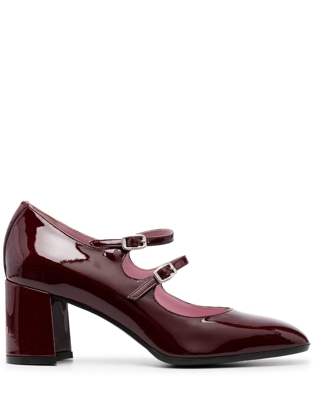 CAREL PARIS Square Toe Patent Leather Pumps with Side Buckle Fastening - 65MM Block Heel