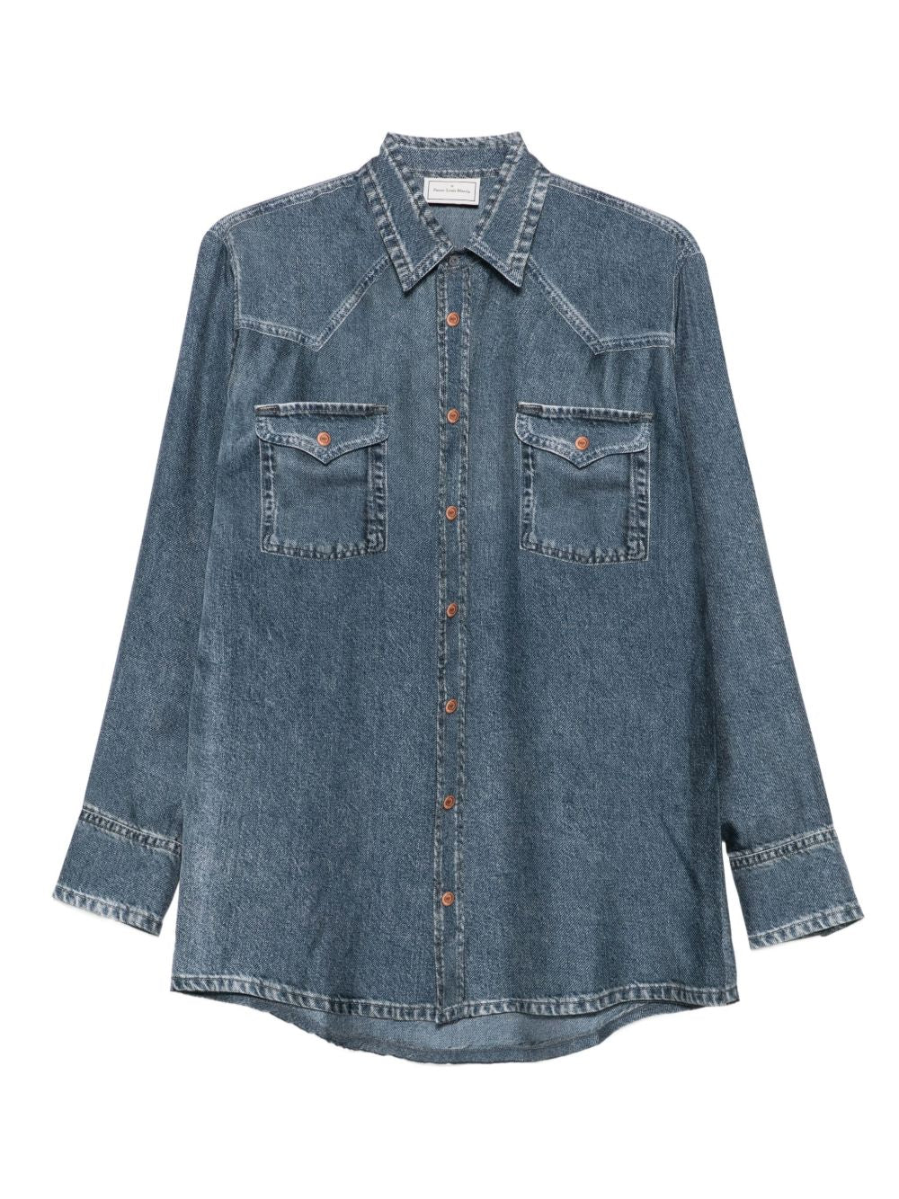 PIERRE LOUIS MASCIA Denim Print Silk Shirt with Long Sleeves and Flap Pockets