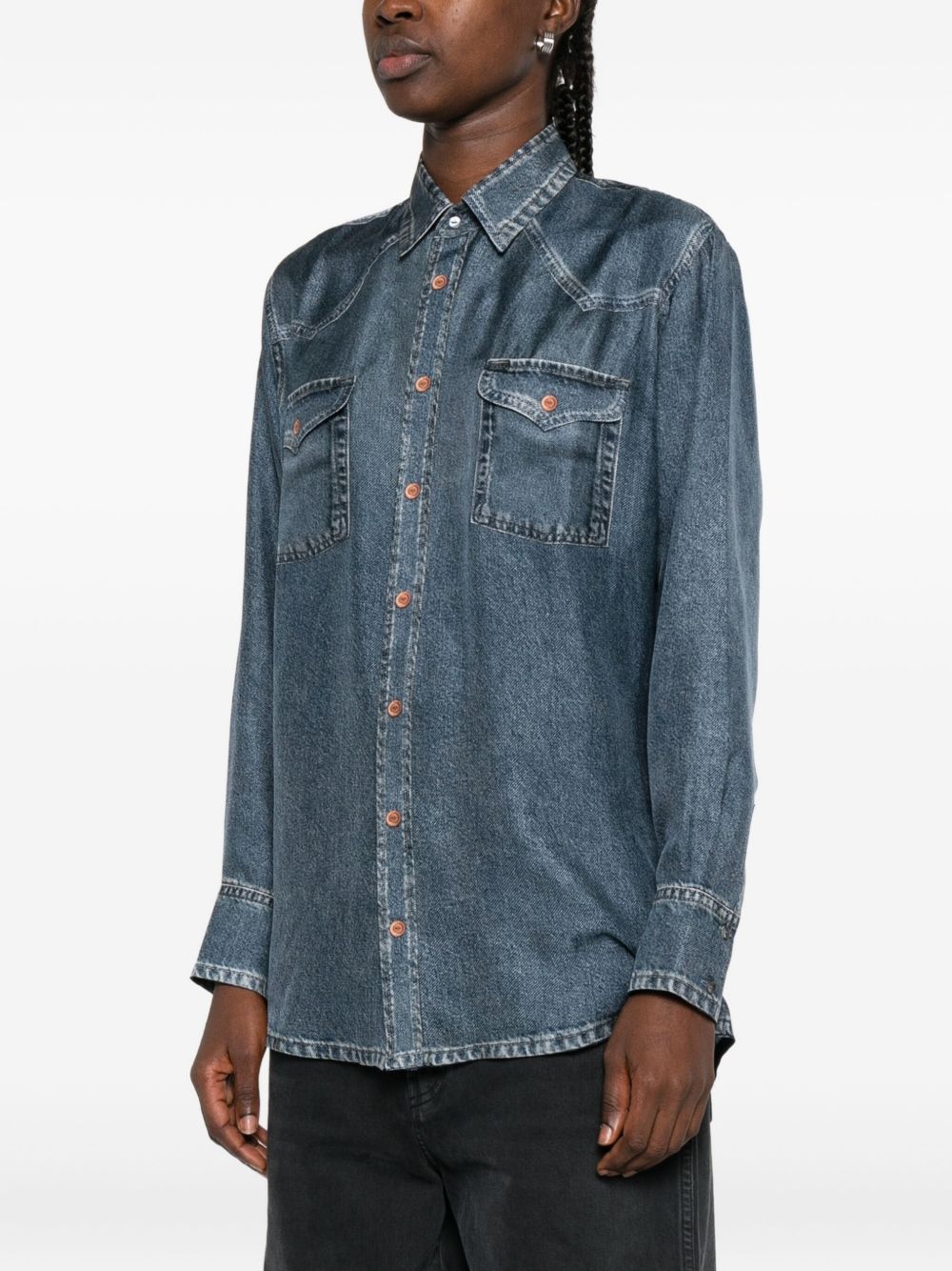 PIERRE LOUIS MASCIA Denim Print Silk Shirt with Long Sleeves and Flap Pockets