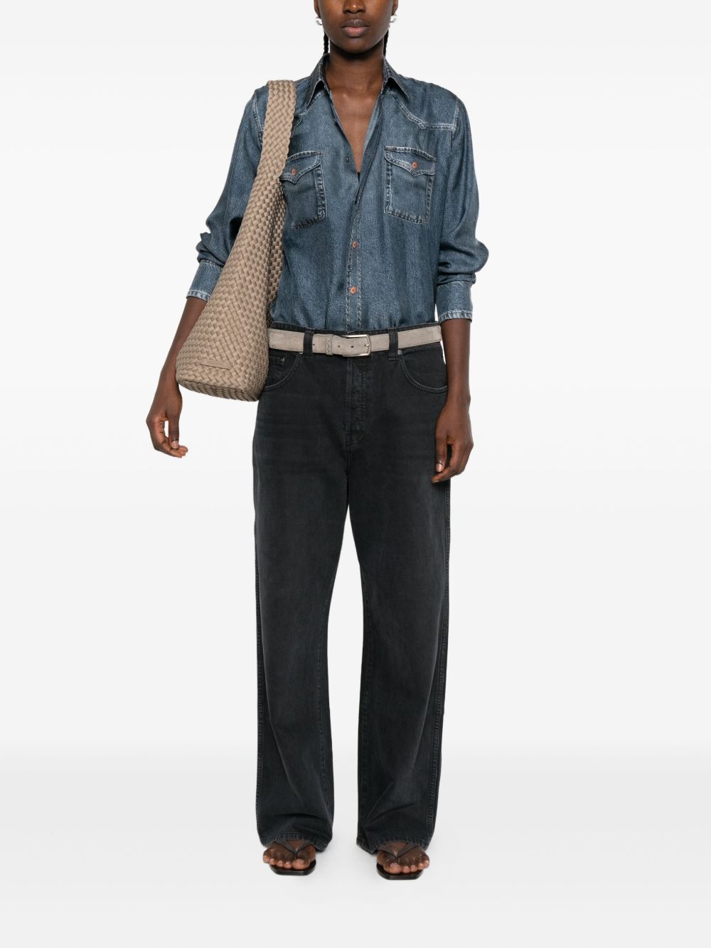 PIERRE LOUIS MASCIA Denim Print Silk Shirt with Long Sleeves and Flap Pockets