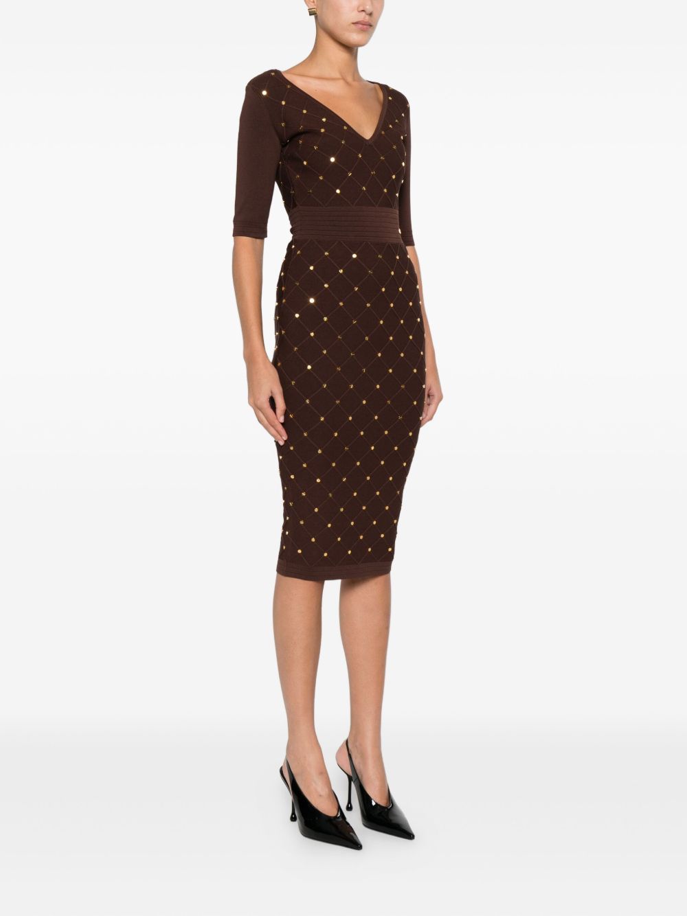 ELISABETTA FRANCHI V-Necked Midi Dress with Geometric Pattern