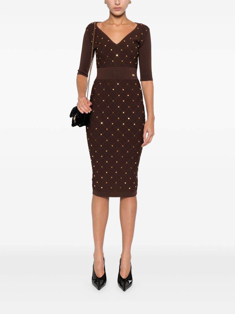 ELISABETTA FRANCHI V-Necked Midi Dress with Geometric Pattern