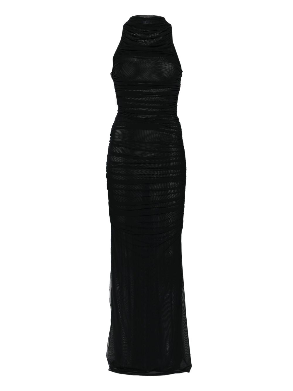 AMEN Long Semi-Sheer Ruched Dress with Stylish Slit