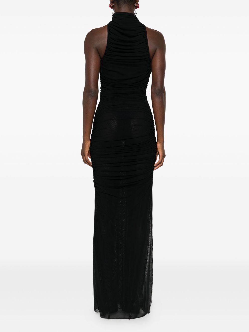 AMEN Long Semi-Sheer Ruched Dress with Stylish Slit