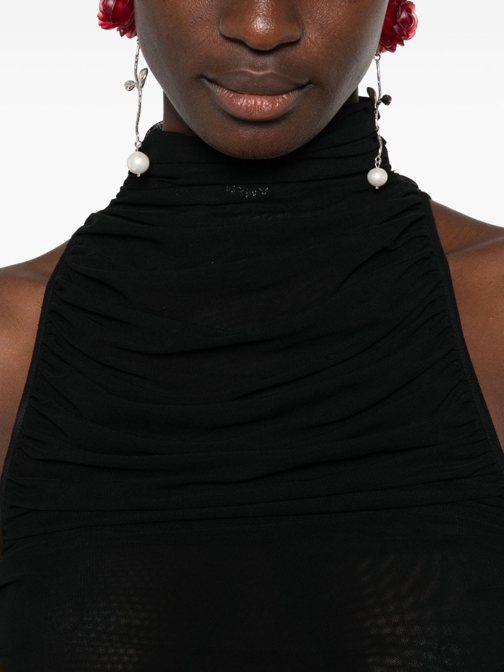 AMEN Long Semi-Sheer Ruched Dress with Stylish Slit