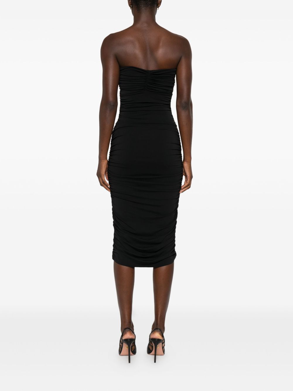 AMEN Elegant Strapless Midi Dress with Jewel Flower Accent