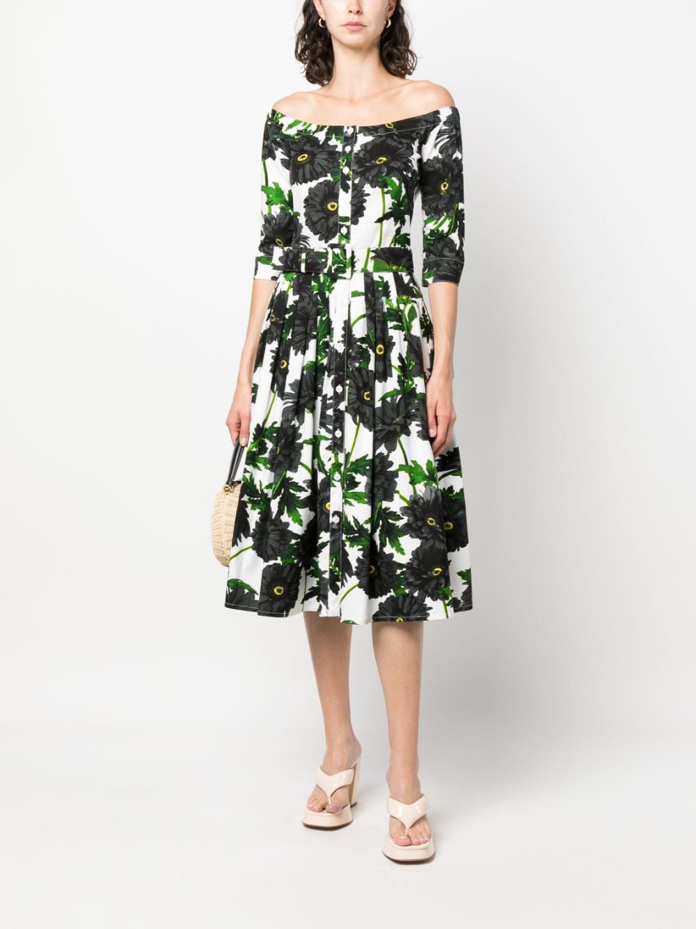SAMANTHA SUNG Off Shoulder 3/4 Sleeves Long Dress with All Over Floral Print