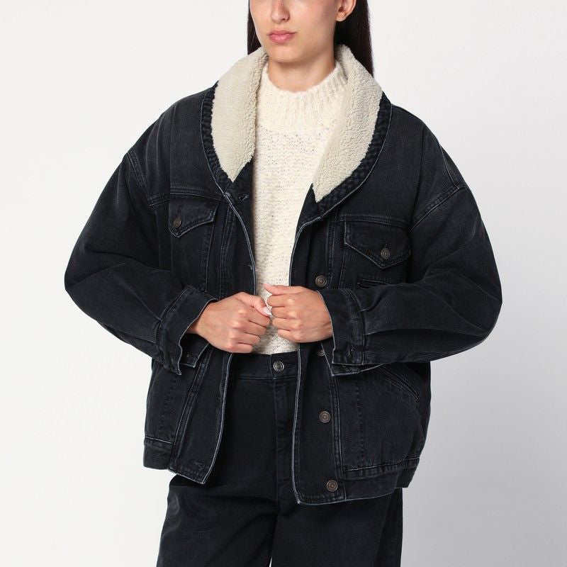 ISABEL MARANT Faded Effect Denim Jacket with Faux Fur Lining