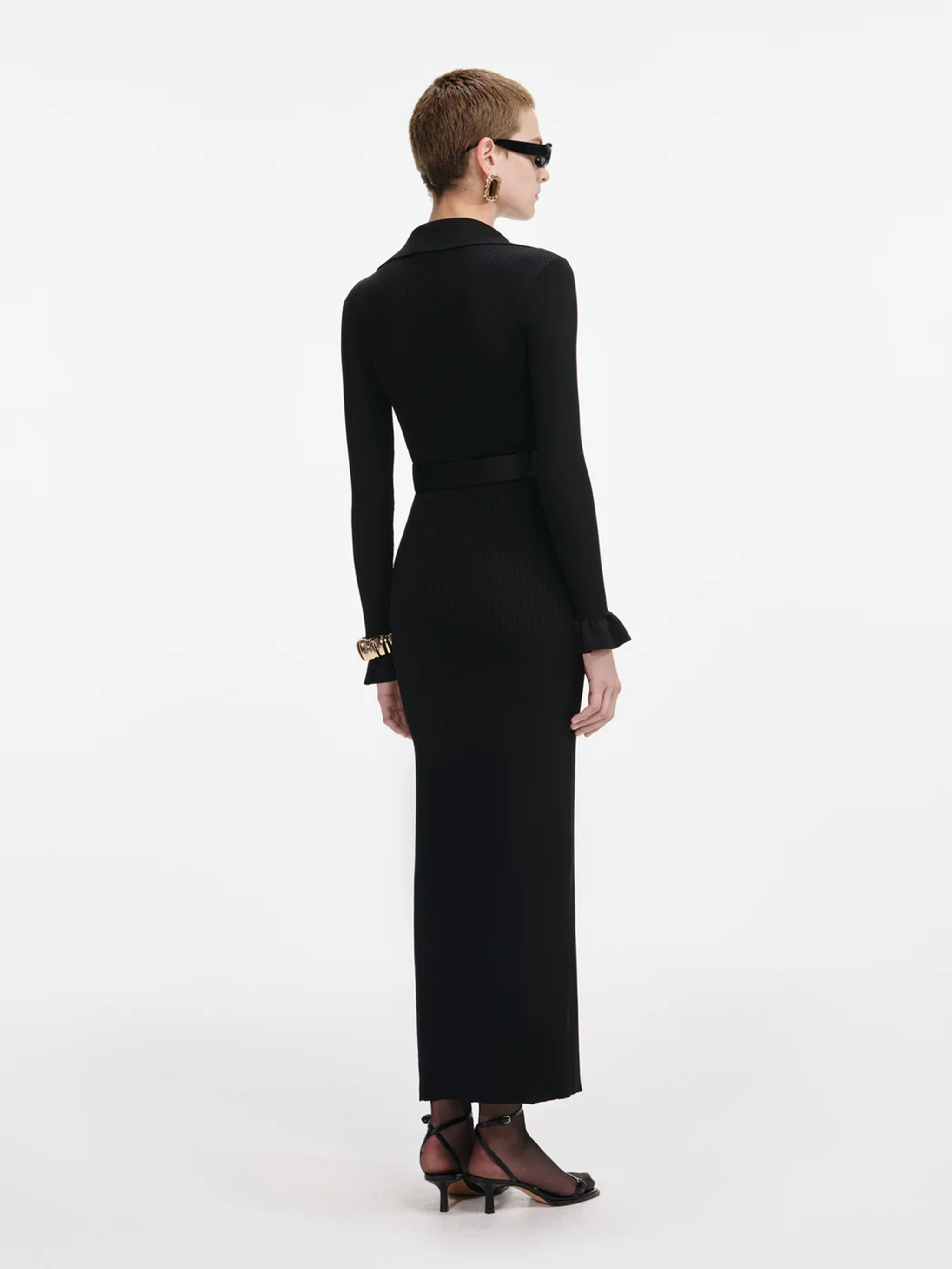 SELF-PORTRAIT Ribbed Knit Maxi Dress with Front Buttons and Flounce Cuffs