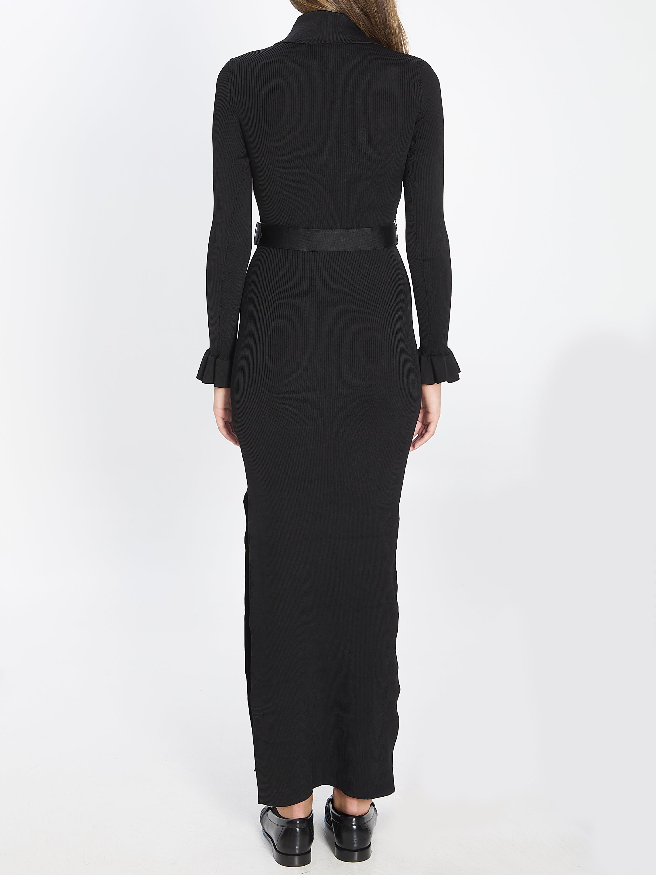 SELF-PORTRAIT Ribbed Maxi Dress with Belt - Slim Fit