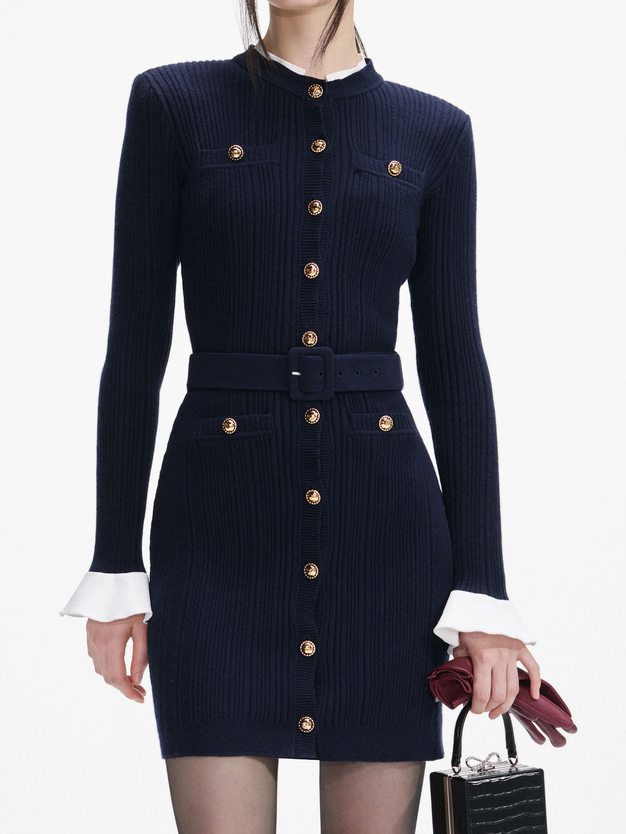 SELF-PORTRAIT Knit Mini Dress with Gold Buttons - Size S