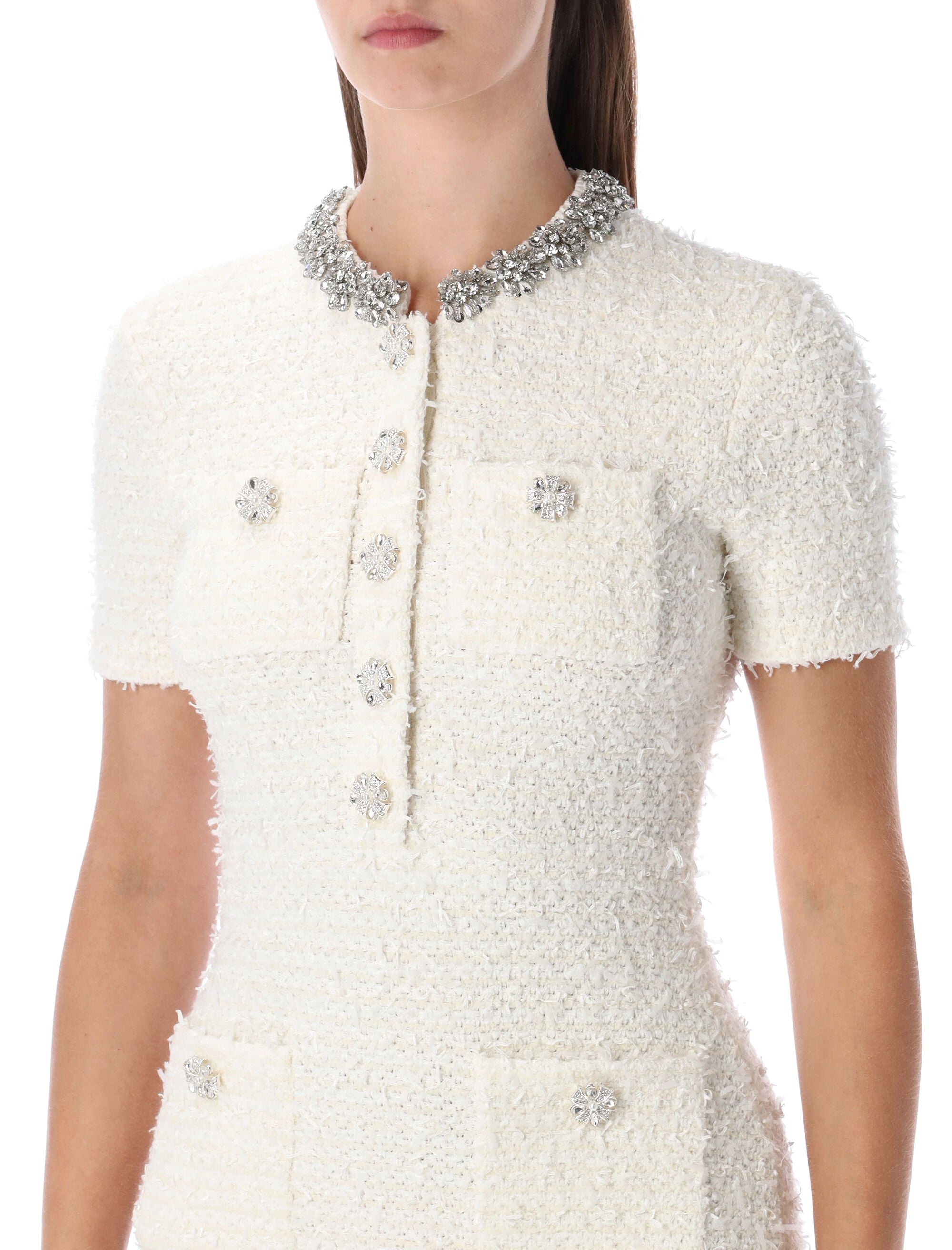 SELF-PORTRAIT Elegant Bouclé Knit Mini Dress with Crystal Buttons