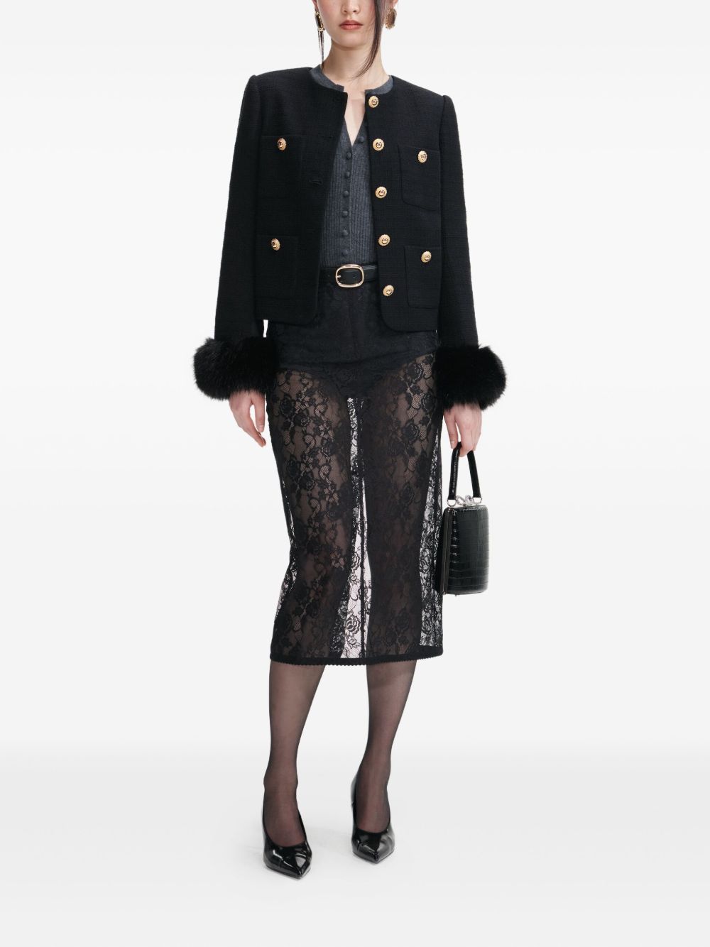 SELF-PORTRAIT Refined Bouclé Jacket with Removable Faux Fur Cuffs - Size 8