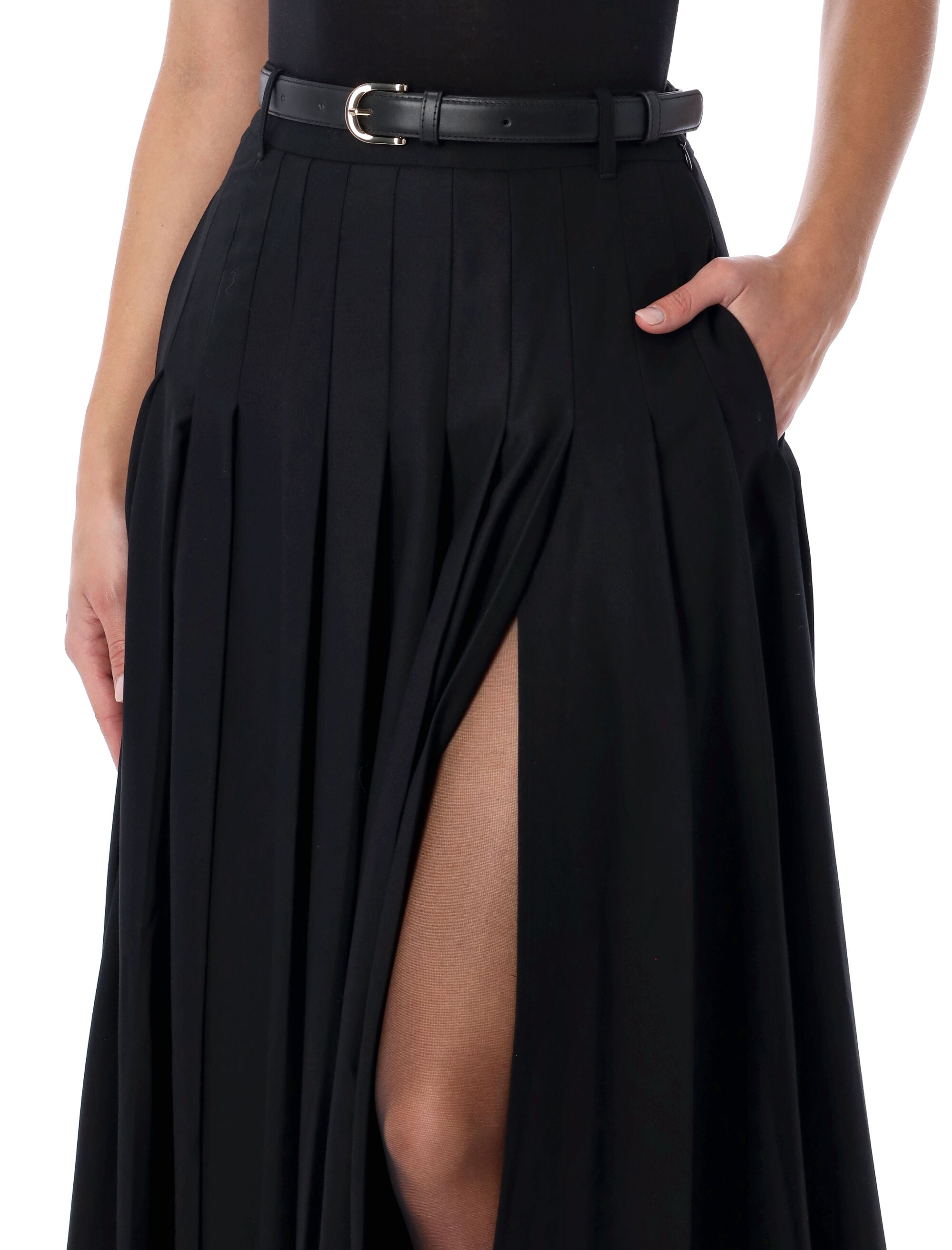 SELF-PORTRAIT Pleated Twill Maxi Skirt with Side Slit - Size 8