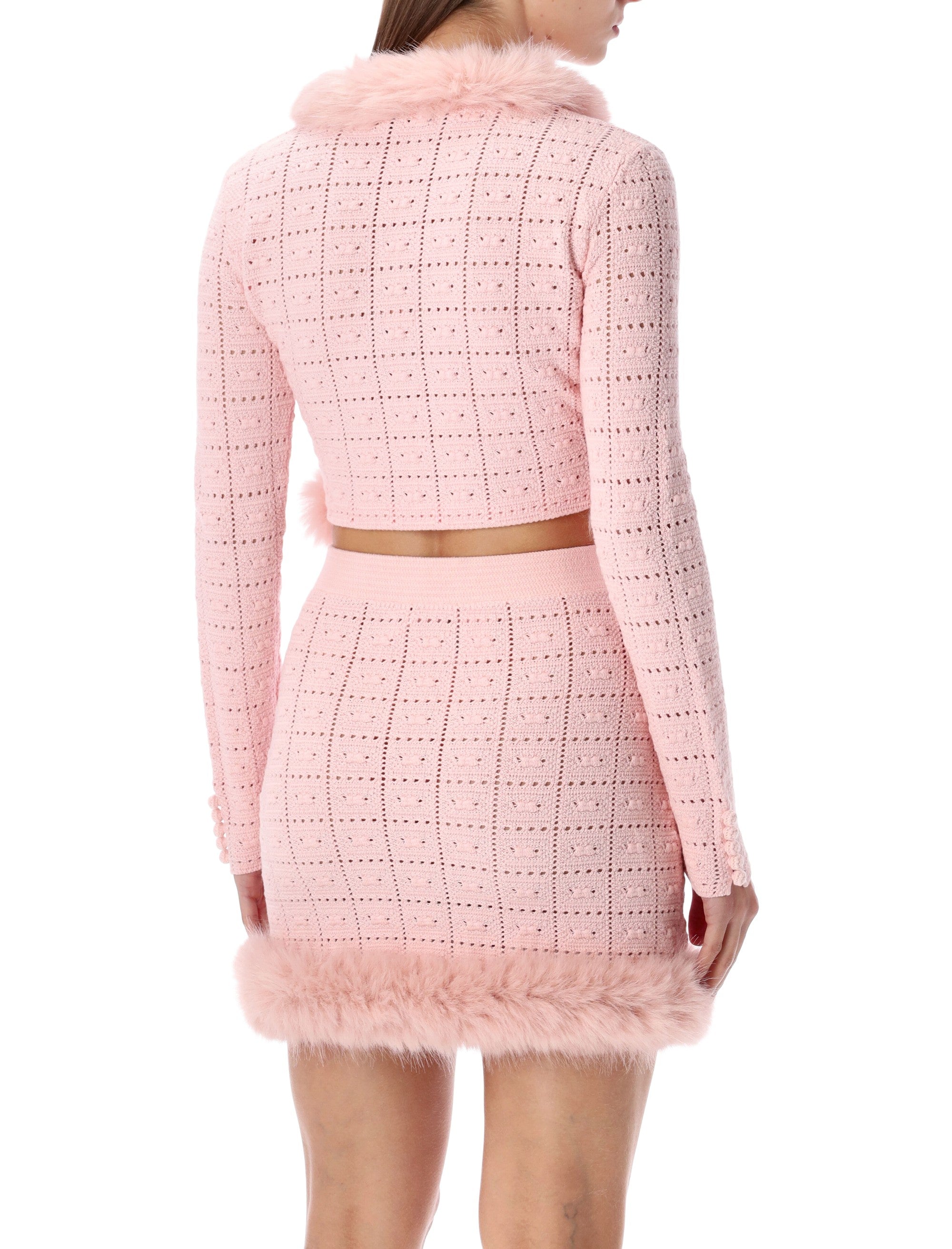 SELF-PORTRAIT Cropped Knit Cardigan with Faux Fur Collar - Size S