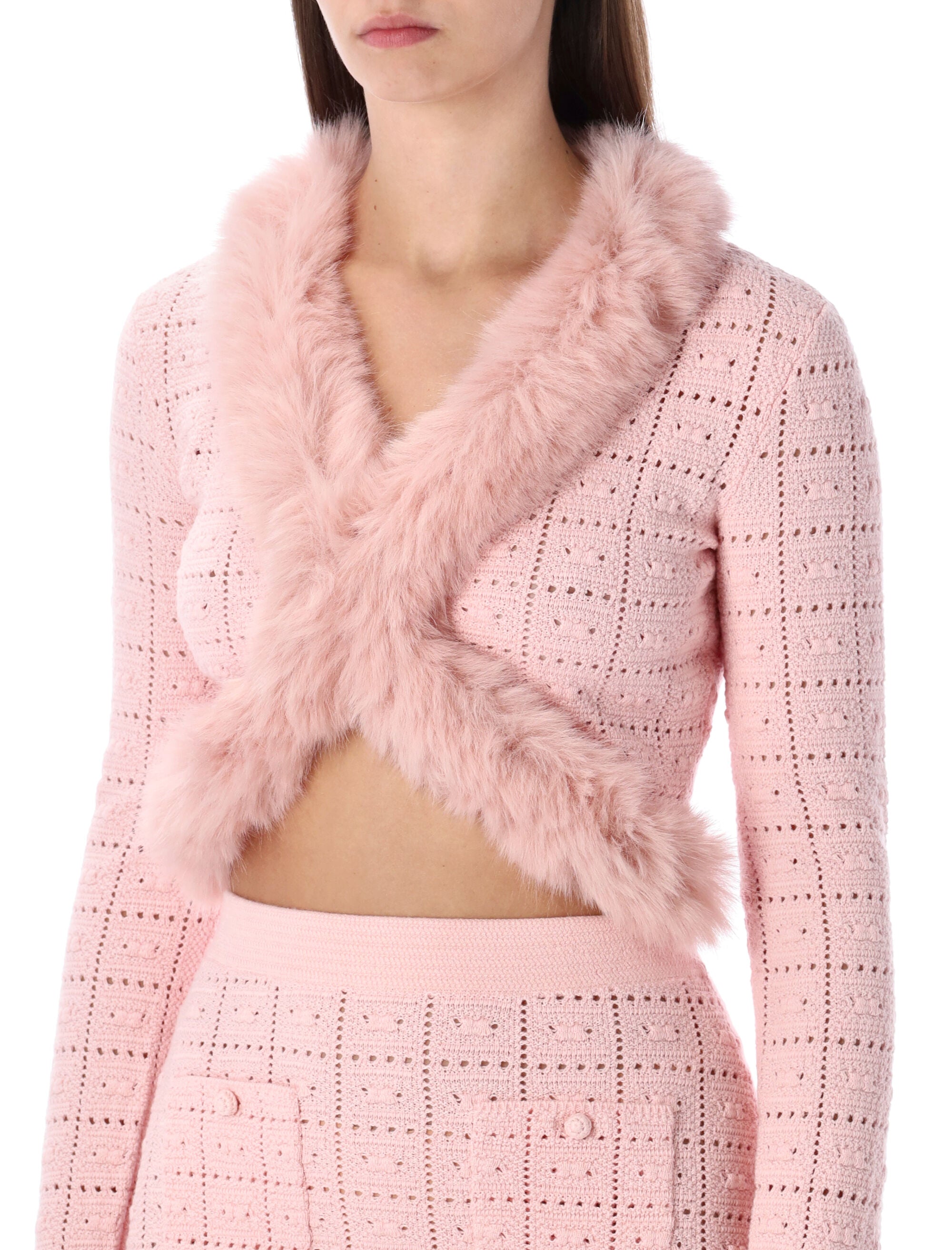 SELF-PORTRAIT Cropped Knit Cardigan with Faux Fur Collar - Size S