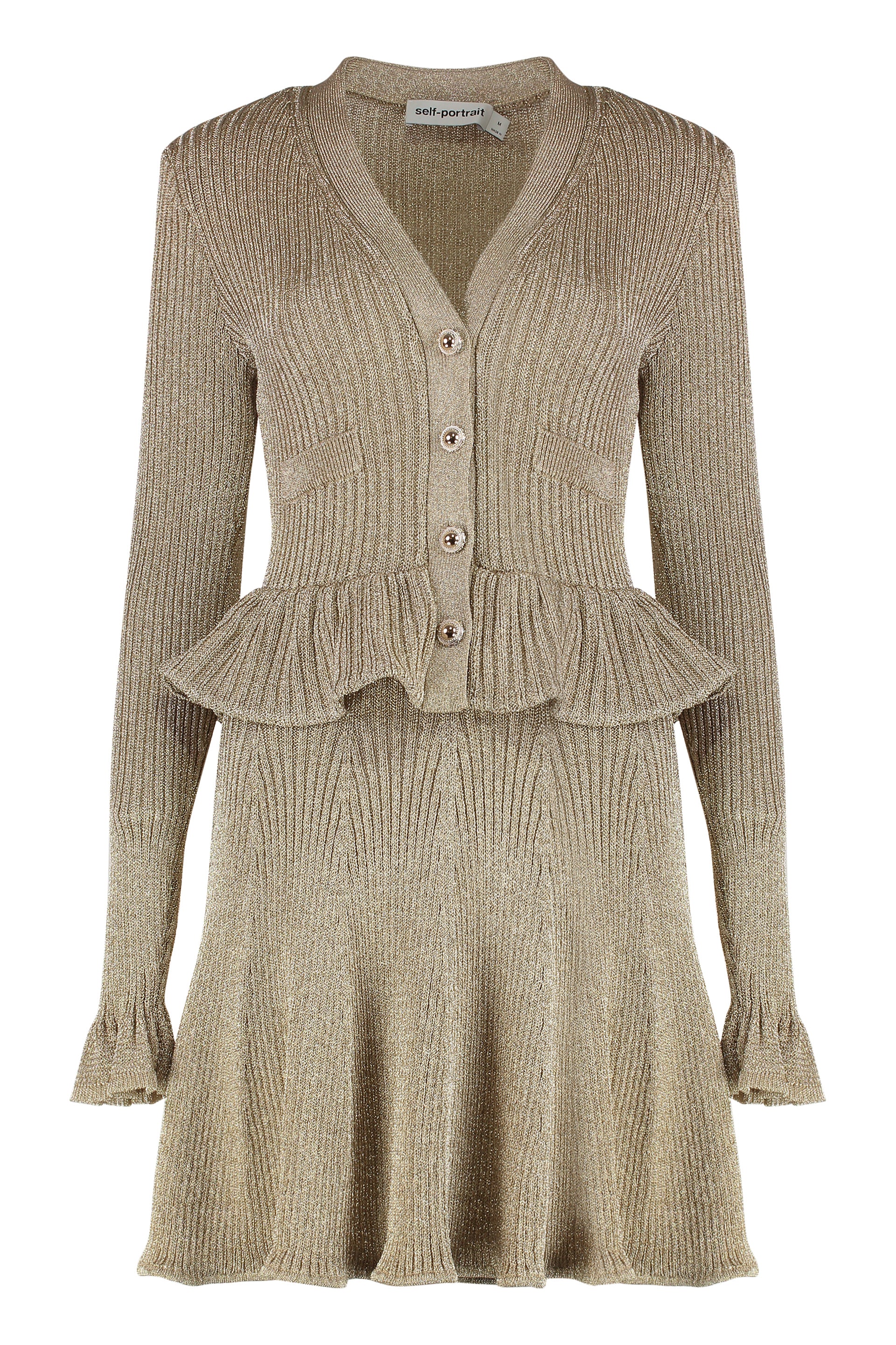 SELF-PORTRAIT Lurex Knit Dress with Padded Shoulders and Decorative Ruffles