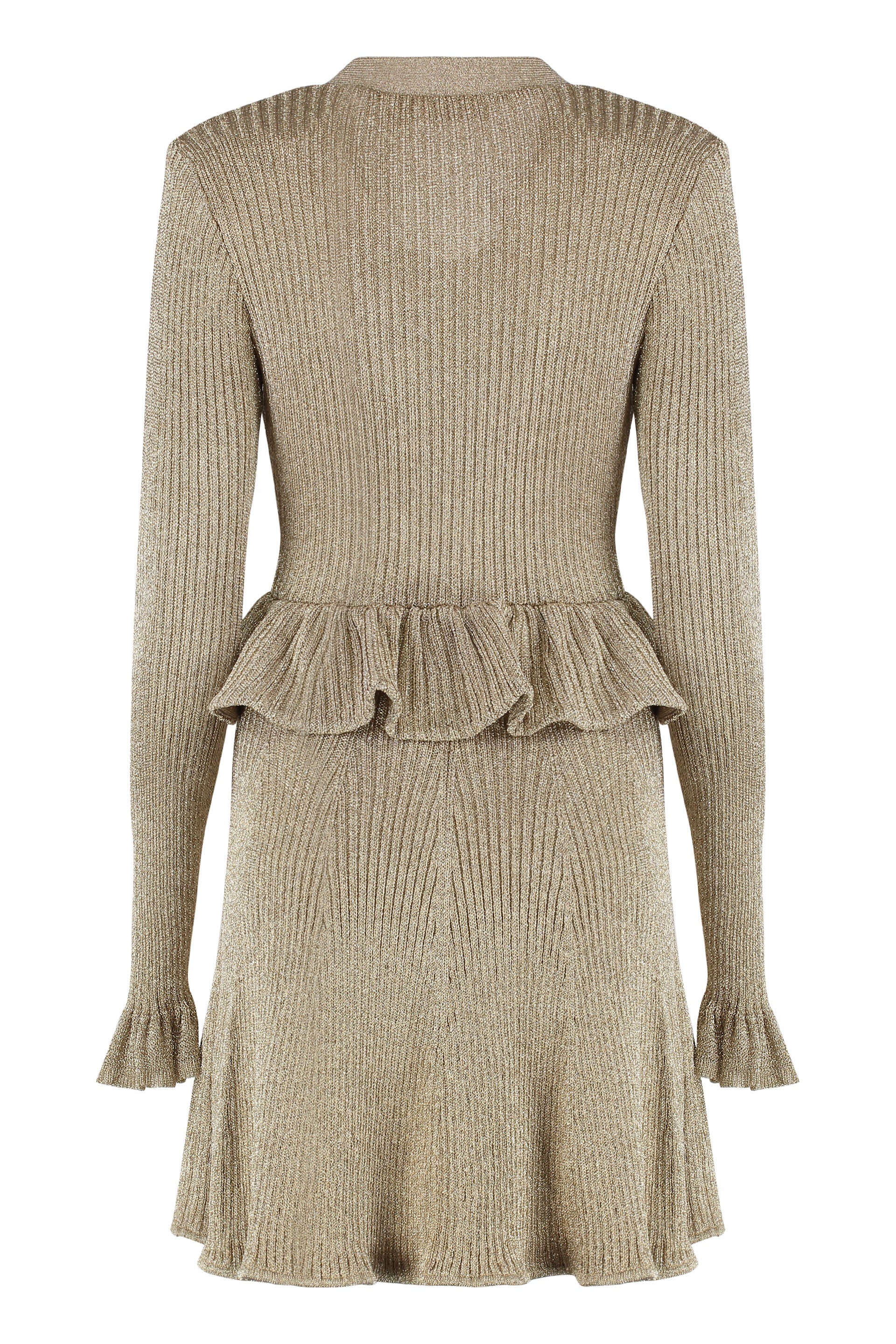 SELF-PORTRAIT Lurex Knit Dress with Padded Shoulders and Decorative Ruffles