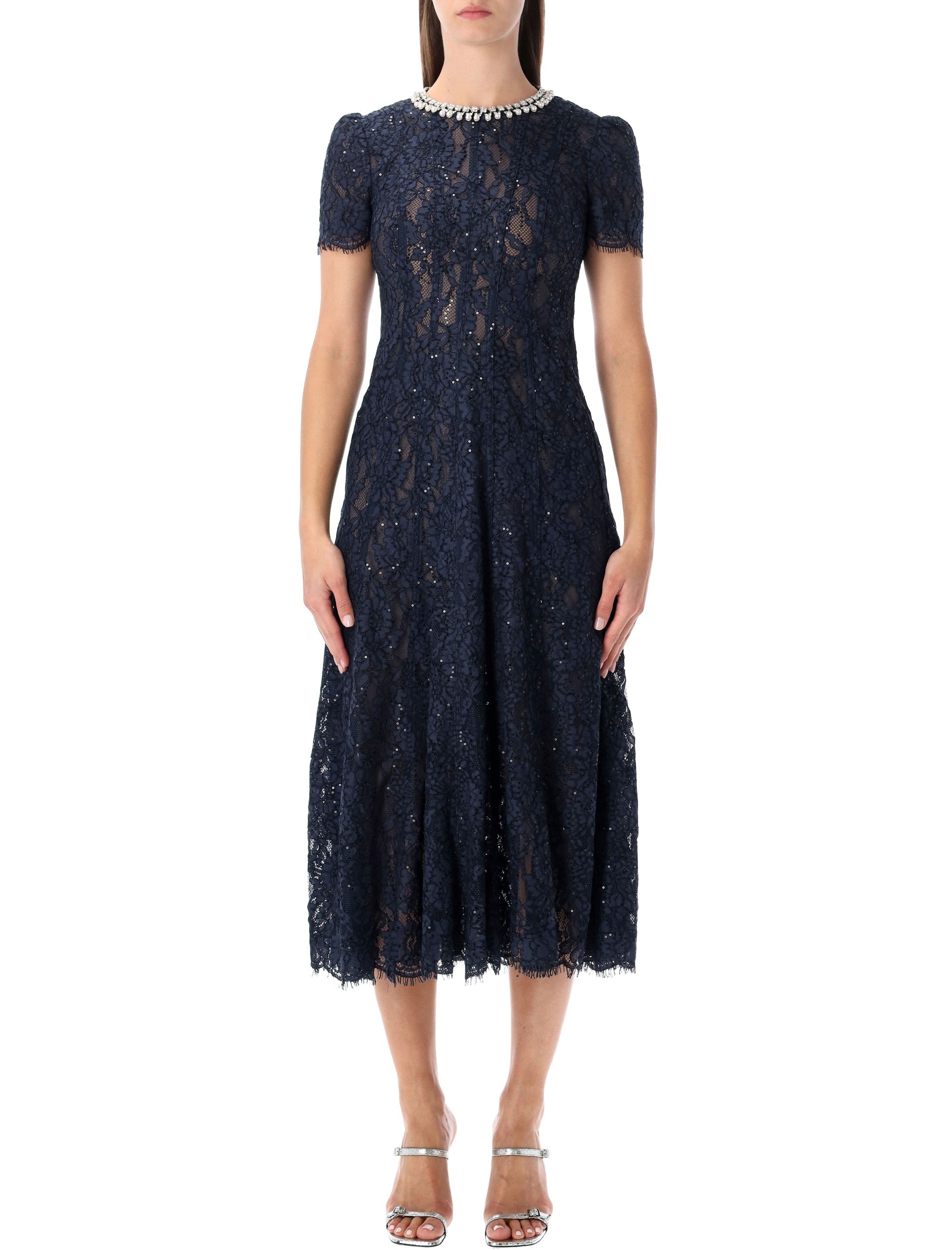 SELF-PORTRAIT Lace Midi Dress with Pearl and Crystal Embellished Collar - Size 6