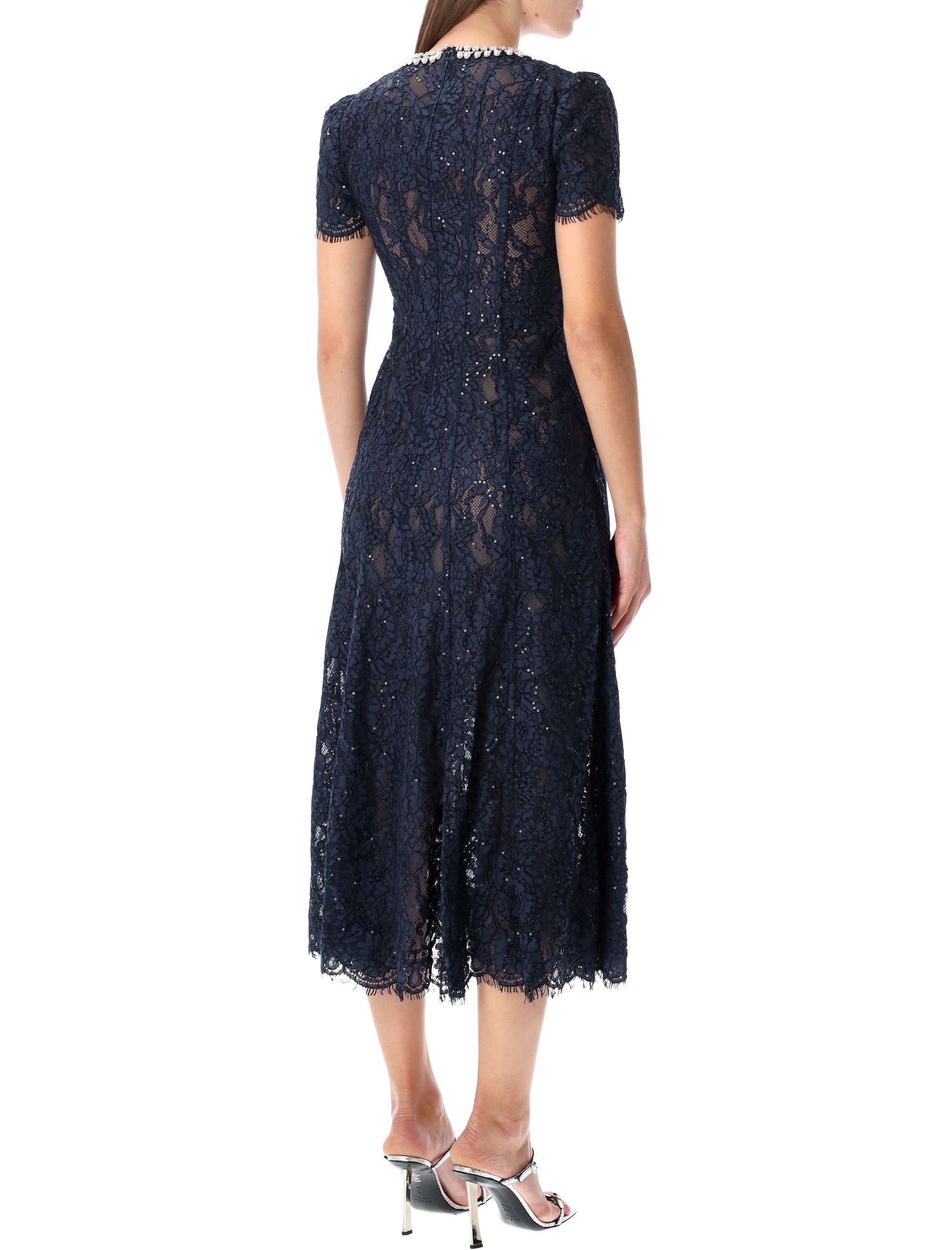 SELF-PORTRAIT Lace Midi Dress with Pearl and Crystal Embellished Collar - Size 6