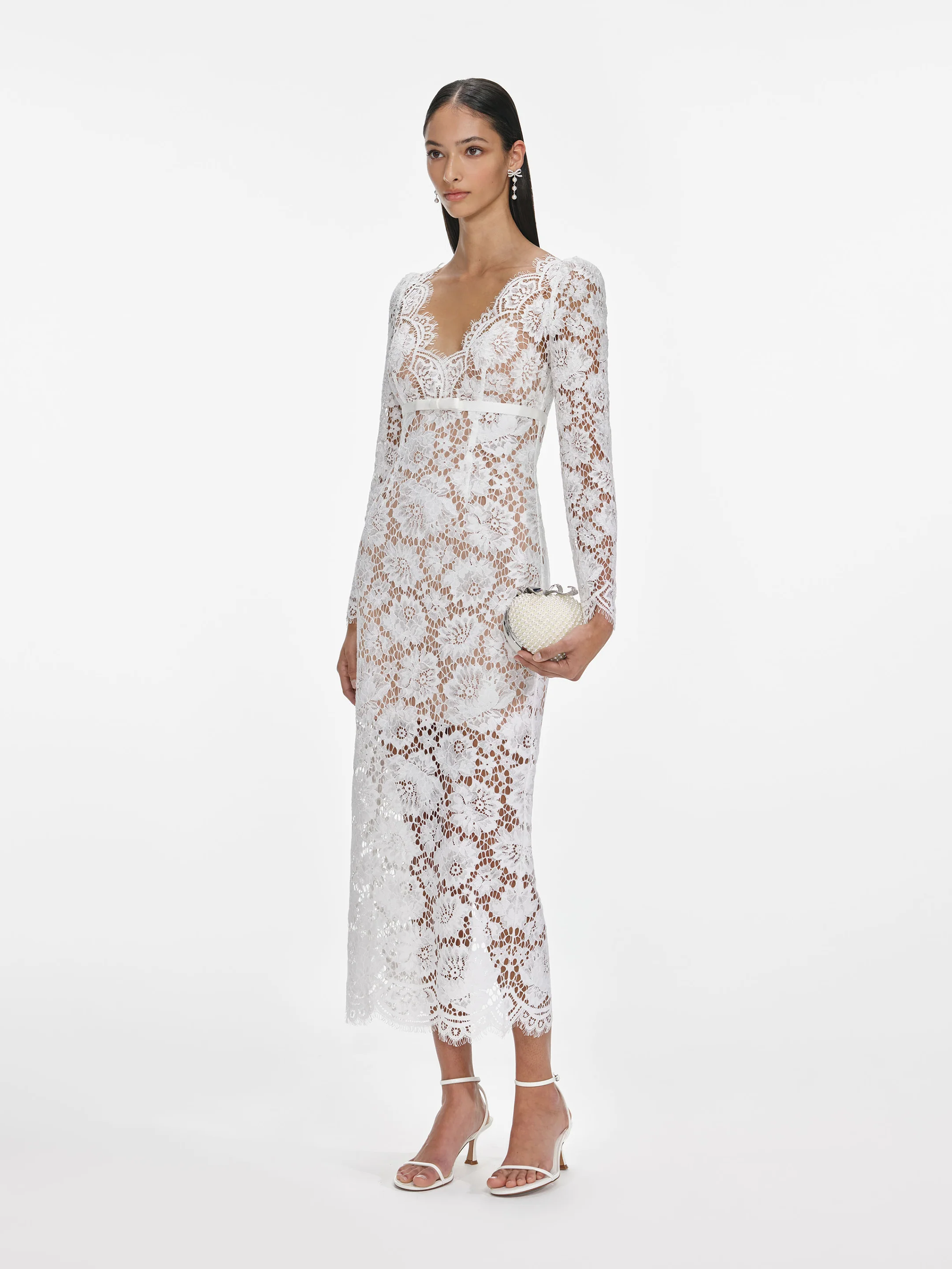 SELF-PORTRAIT Floral Lace Midi Dress with Satin Bow - Size 8