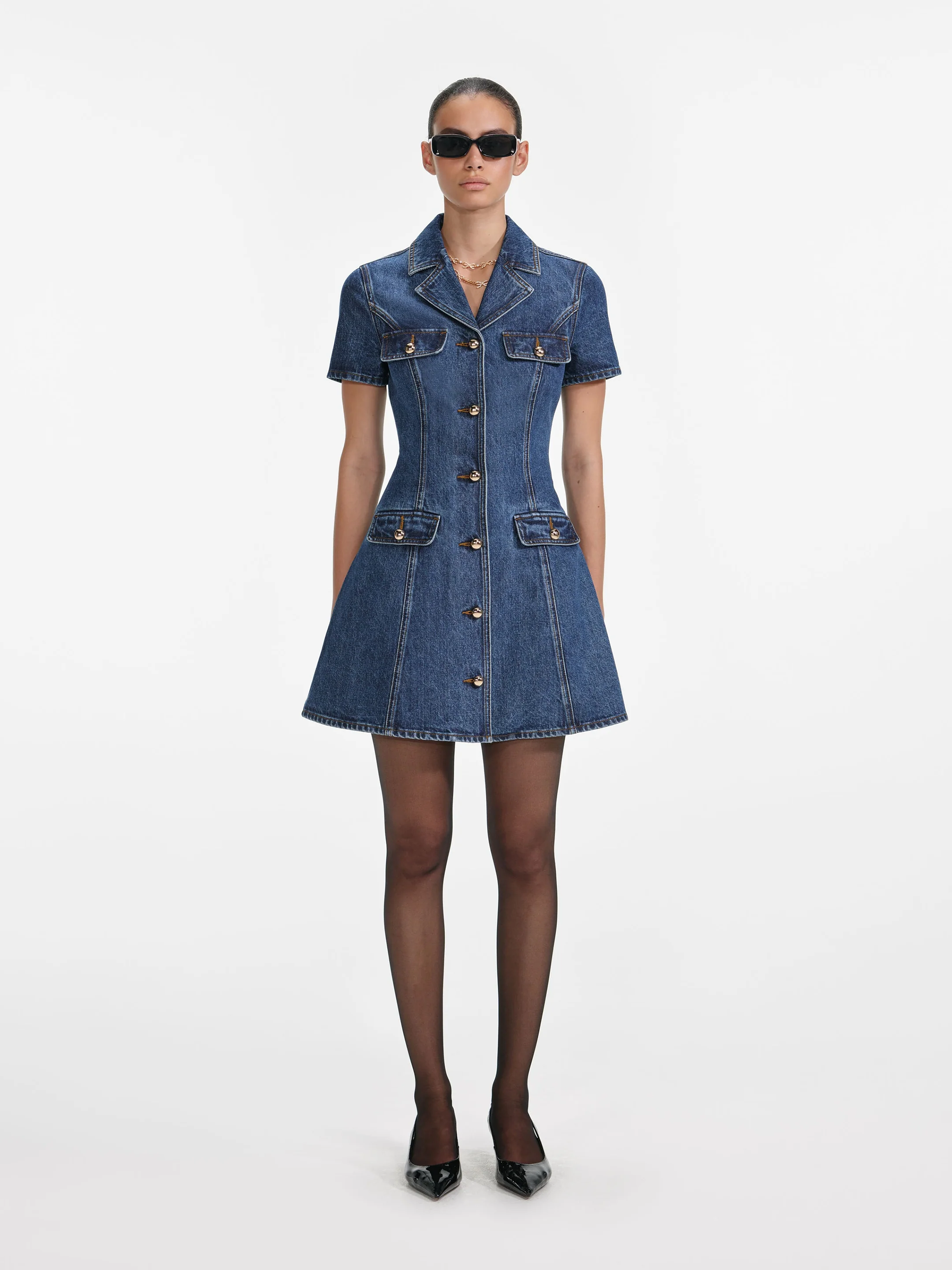 SELF-PORTRAIT Denim Mini Dress with Button Closure - Size 6