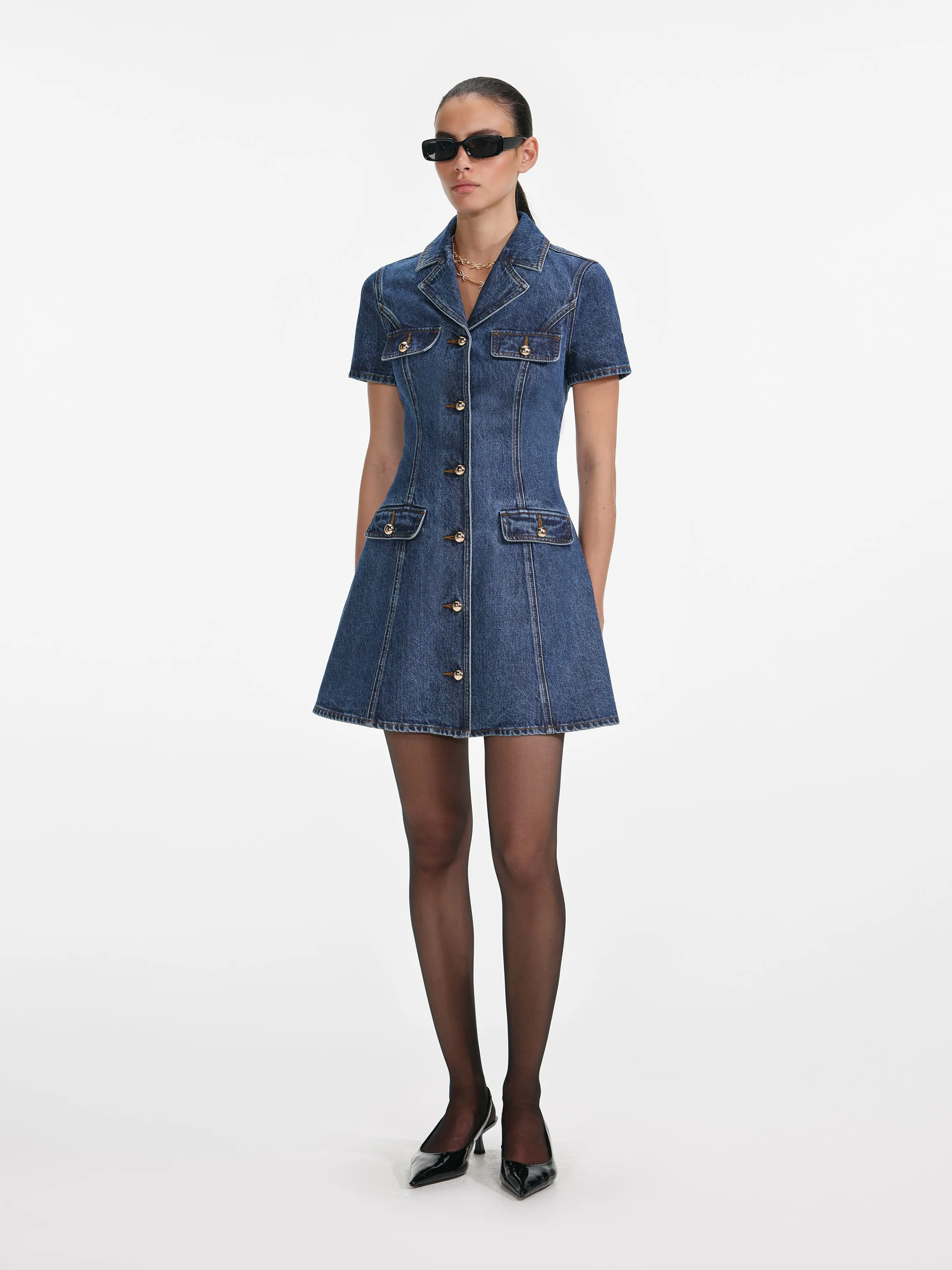 SELF-PORTRAIT Effortlessly Modern Mini Dress with Gold Buttons