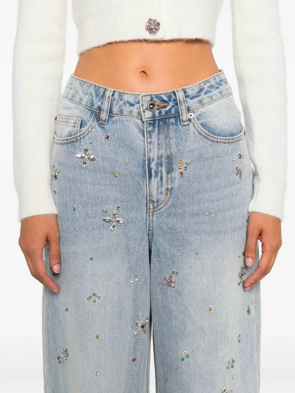SELF-PORTRAIT Wide Leg Jeans with Crystal Floral Embellishments - Size 26