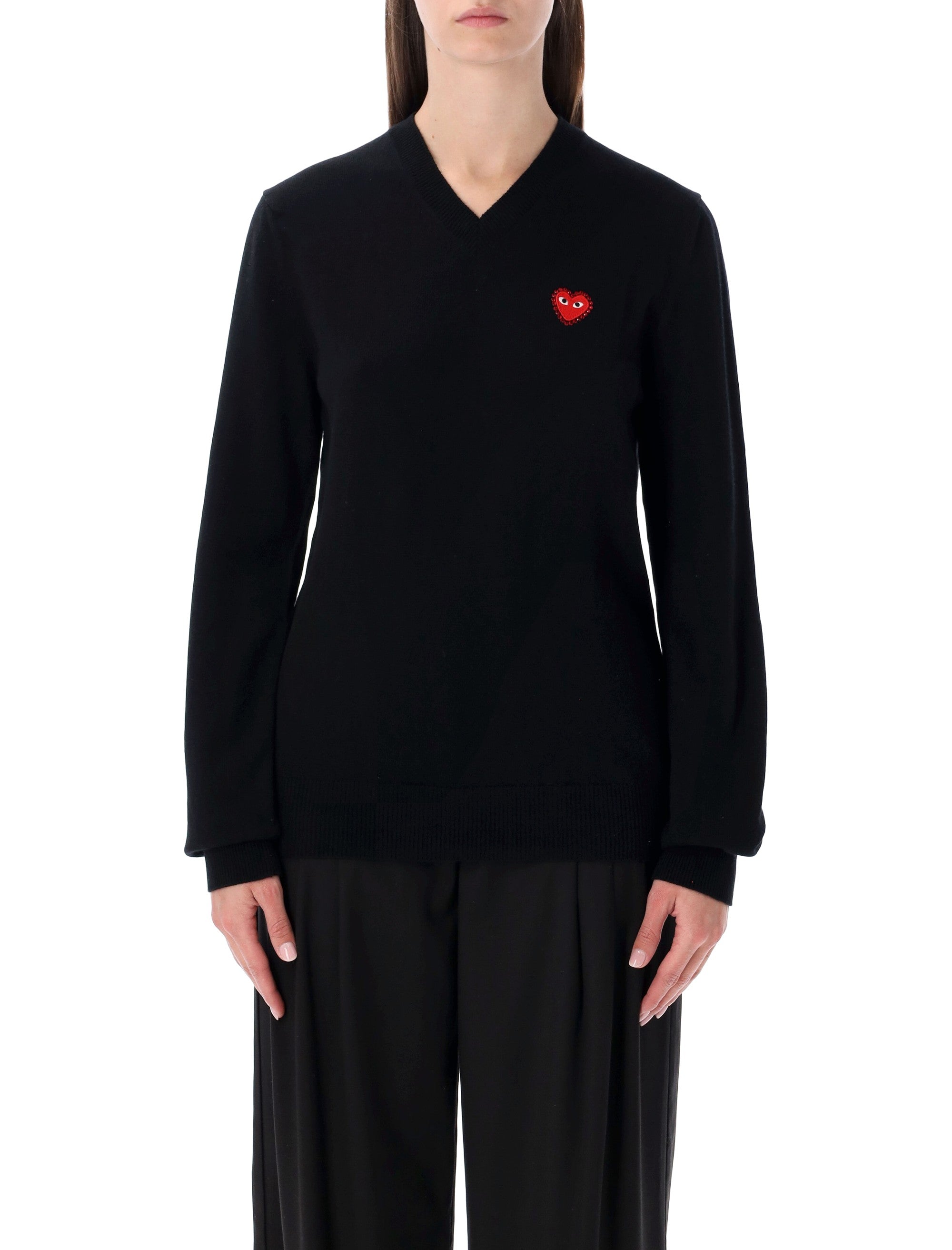COMME DES GARÇONS PLAY V-Neck Wool Sweater with Iconic Heart and Crystals - Size S