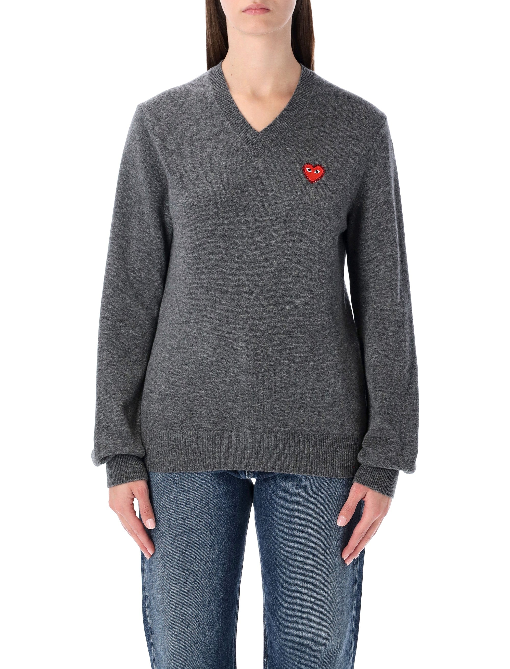 COMME DES GARÇONS PLAY Wool V-Neck Sweater with Red Heart and Crystals - Size S