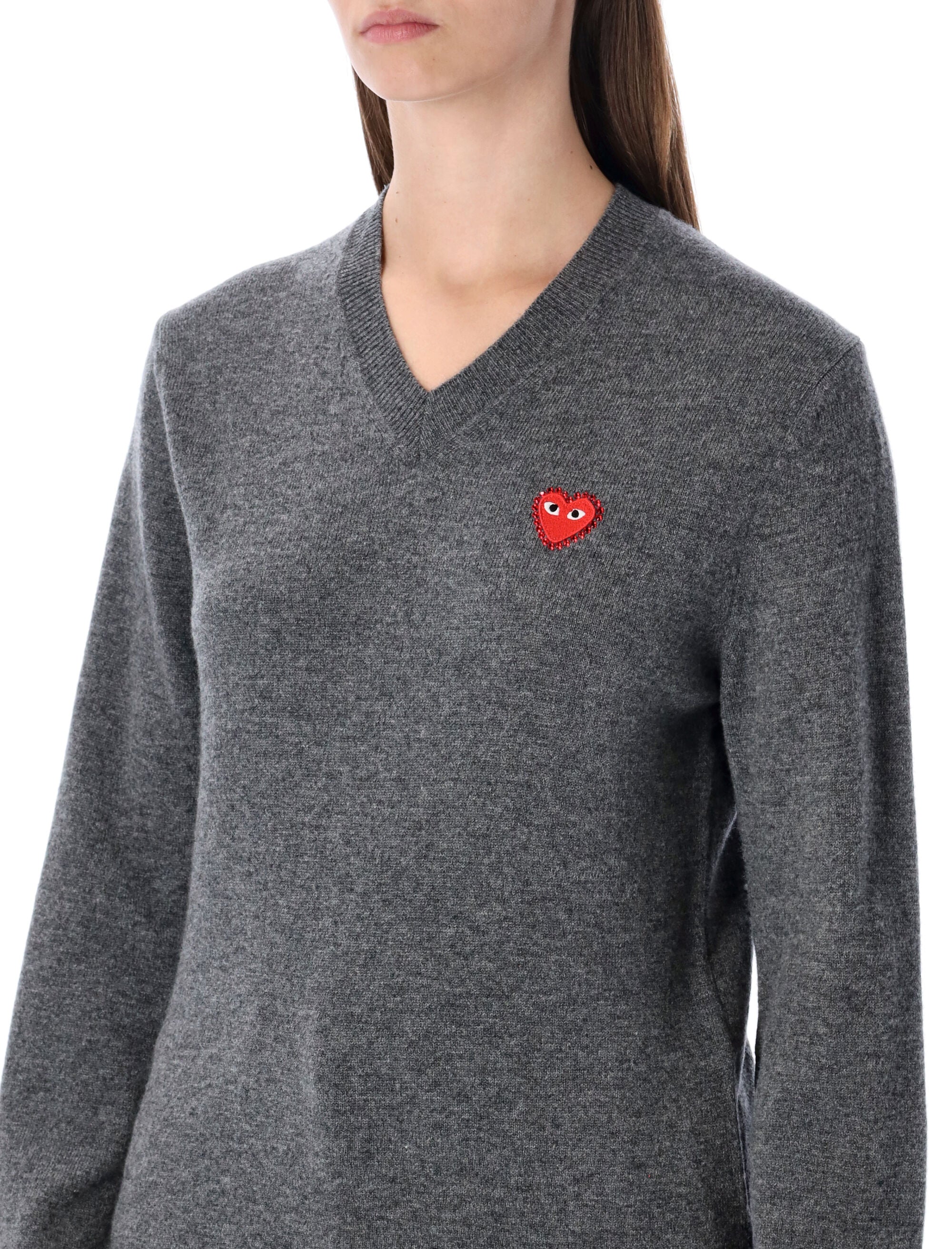 COMME DES GARÇONS PLAY Wool V-Neck Sweater with Red Heart and Crystals - Size S