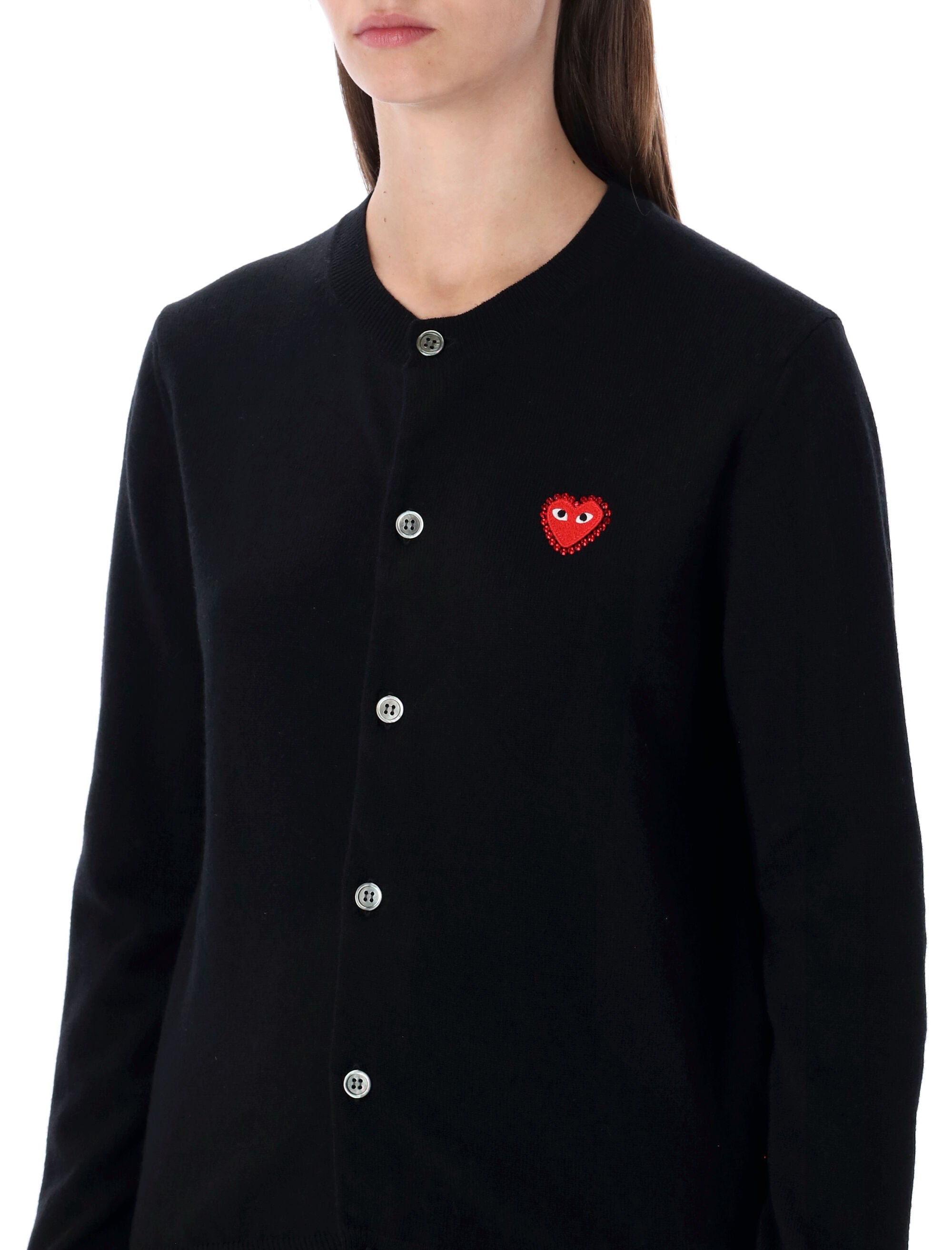 COMME DES GARÇONS PLAY Wool Cardigan with Red Crystal Heart - Size S