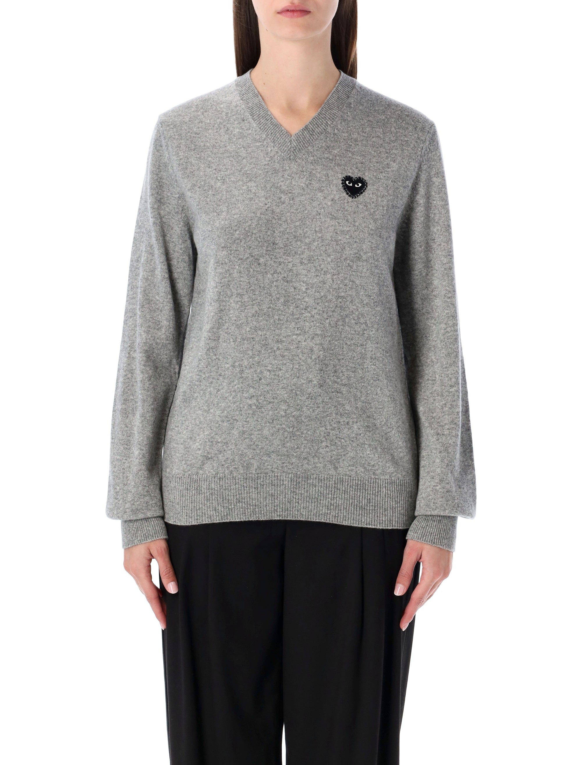 COMME DES GARÇONS PLAY Men's Wool V-Neck Sweater with Black Heart and Crystals - Size S