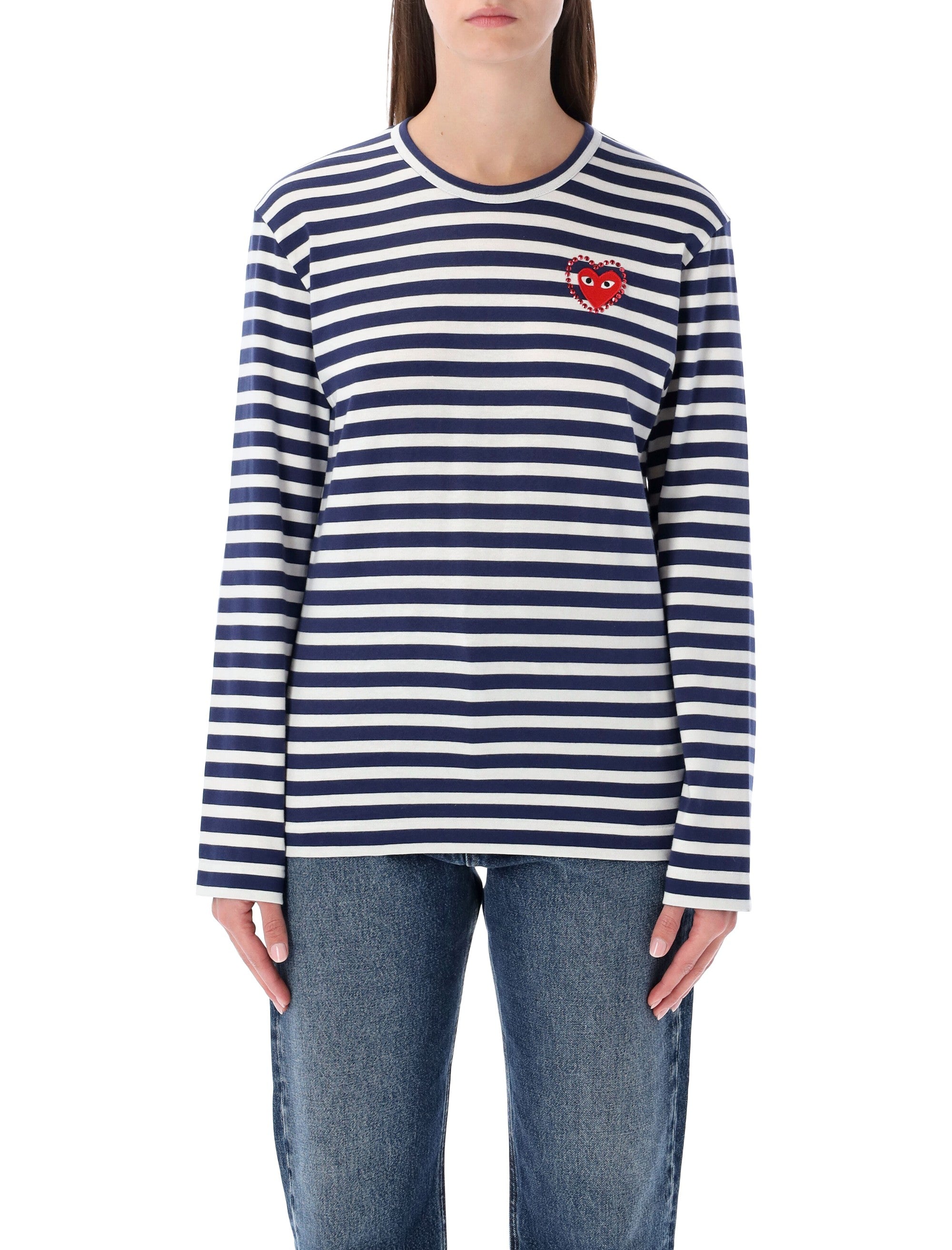 COMME DES GARÇONS PLAY Striped T-Shirt with Crystal Heart - Size S