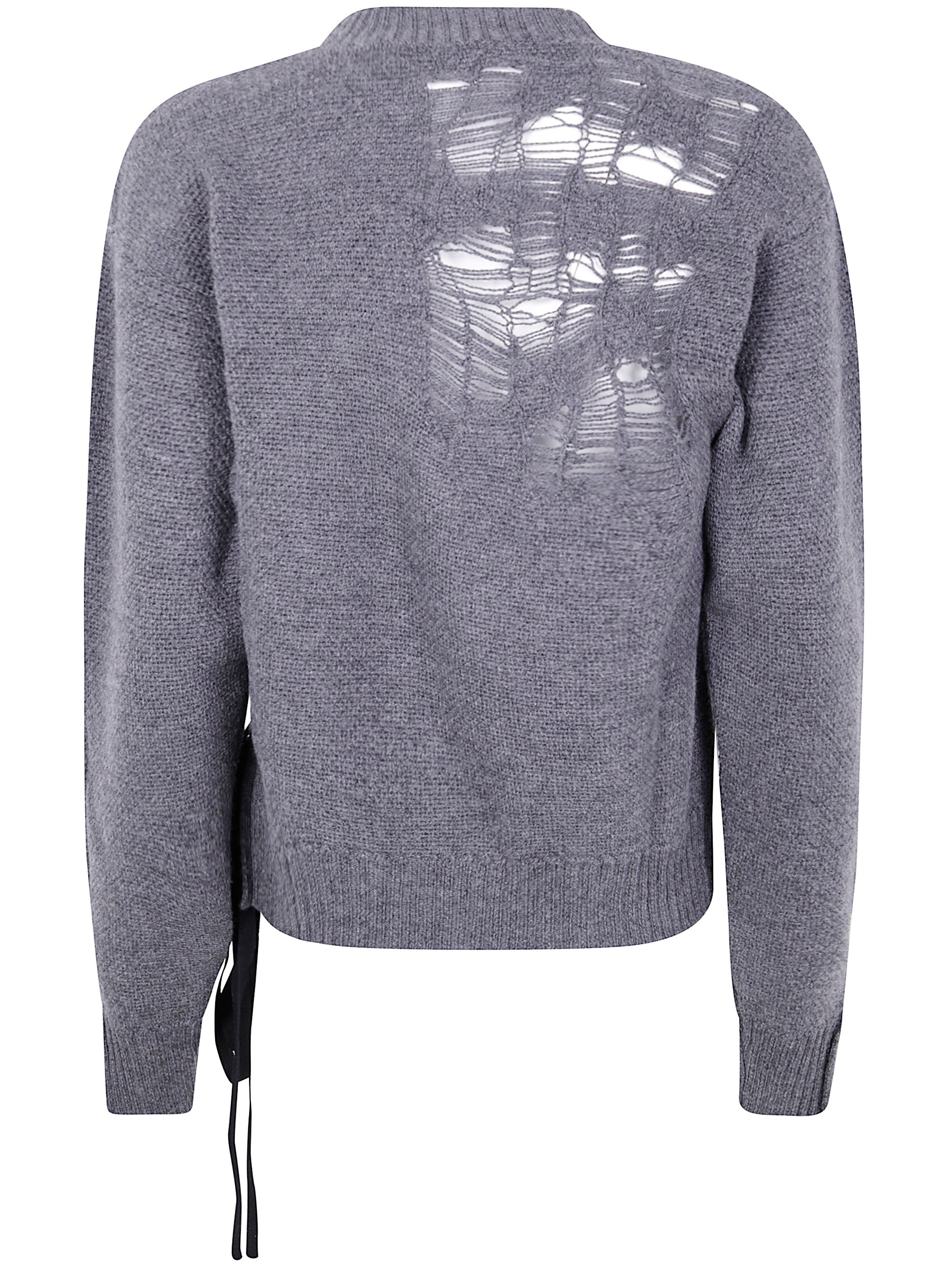 ANN DEMEULEMEESTER Destroyed Seed Stitch Crew Neck Sweater with Drawstrings