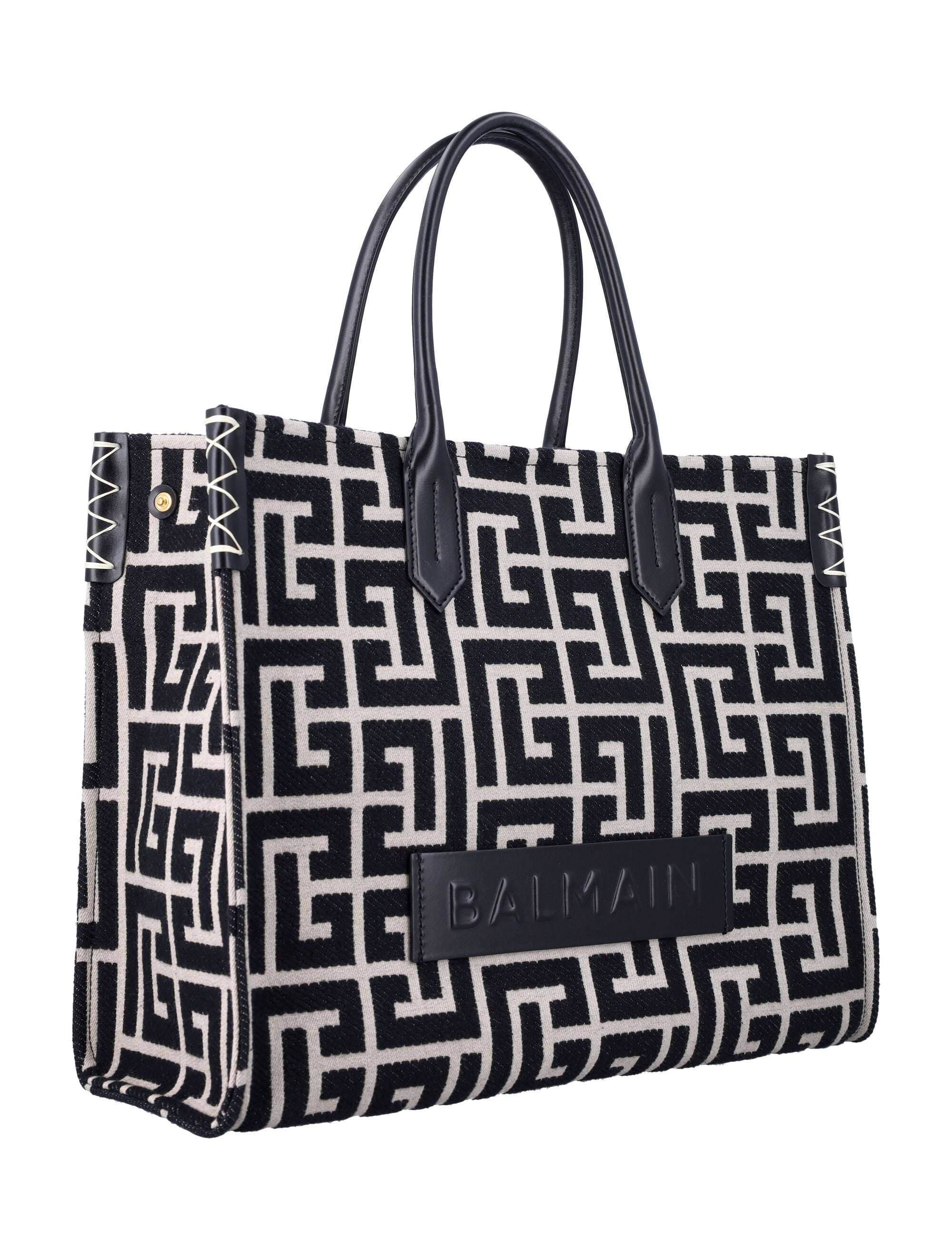BALMAIN B-Army 42 Monogram Jacquard and Leather Tote Handbag